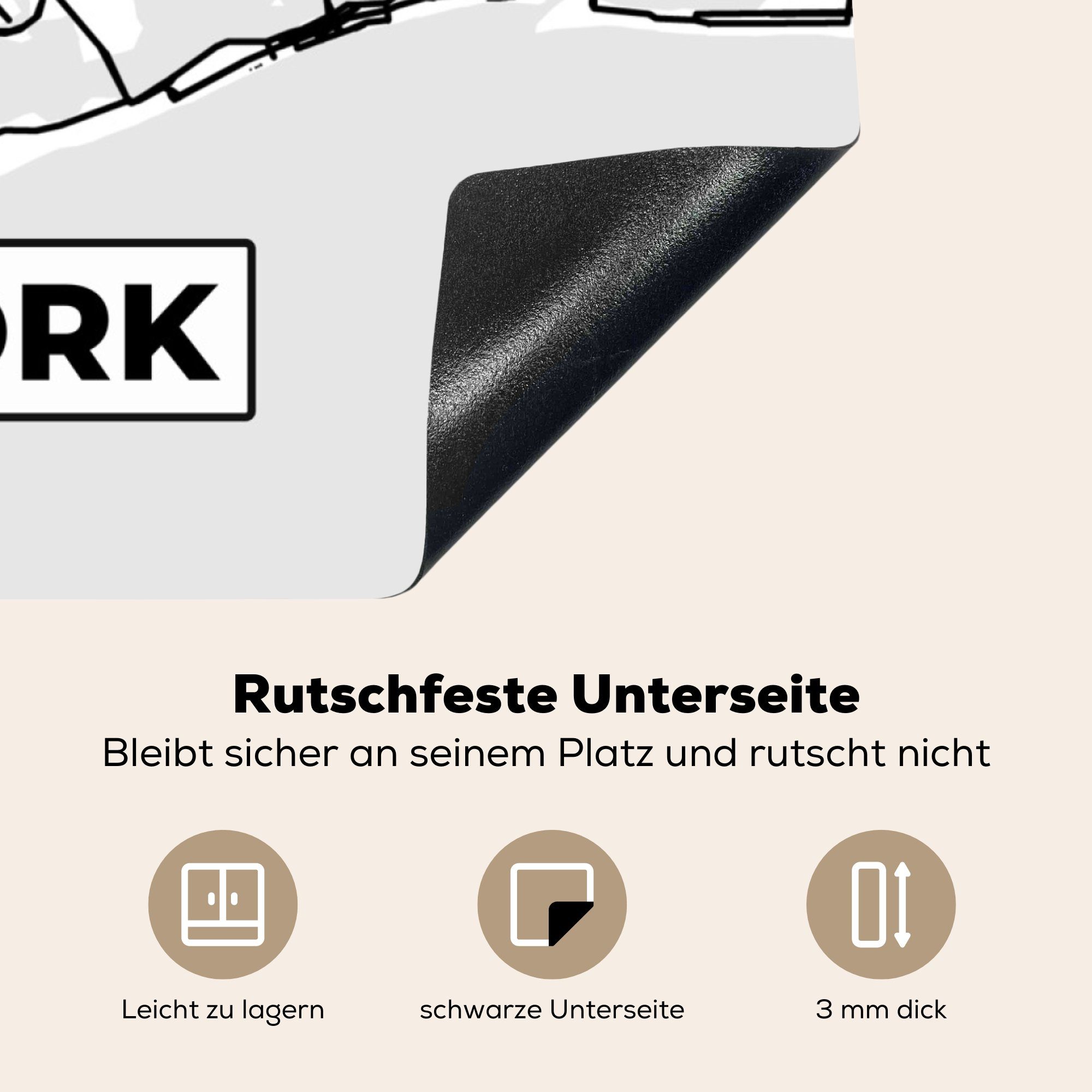 und 78x78 Arbeitsplatte MuchoWow für Herdblende-/Abdeckplatte York (1 Weiß, tlg), cm, Stadtplan küche New - Schwarz Vinyl, von - Karte Ceranfeldabdeckung,