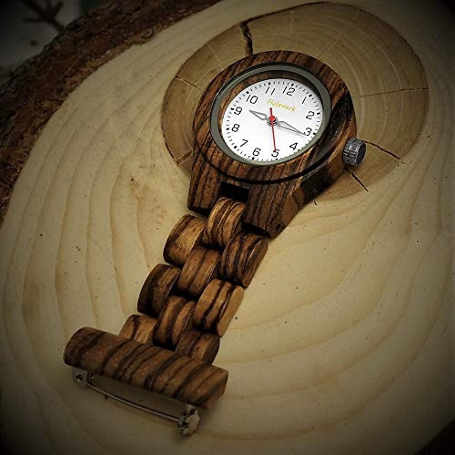 Schwestern Walnuss Holz in Krankenpflegeuhr weiß RHEINAU braun, Uhr aus Holzwerk