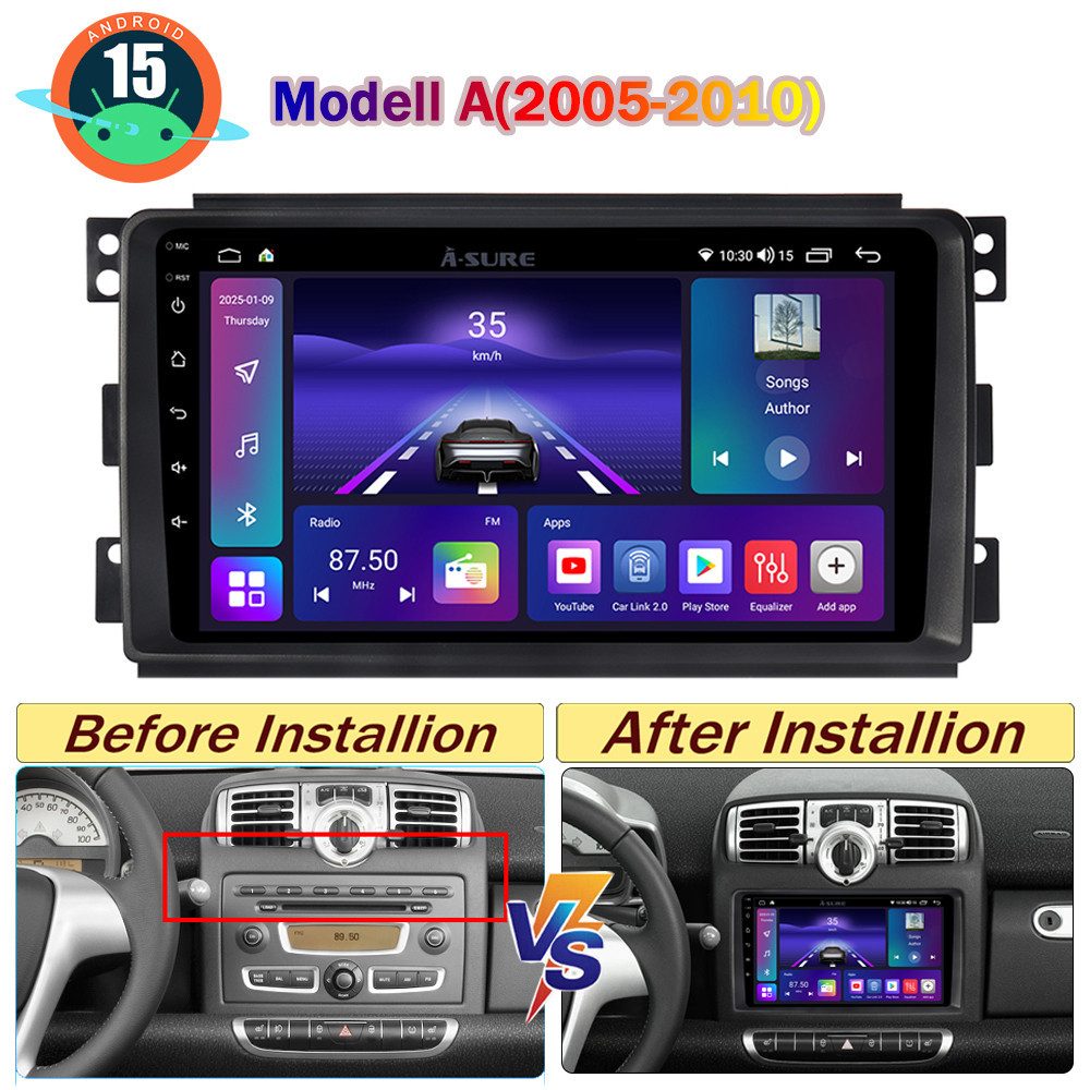 A-Sure Android 15 Apple Carplay 4/8 Core Navi Für Smart Fortwo 451 2005-2015 Autoradio (Digitalradio (DAB), FM, AM)