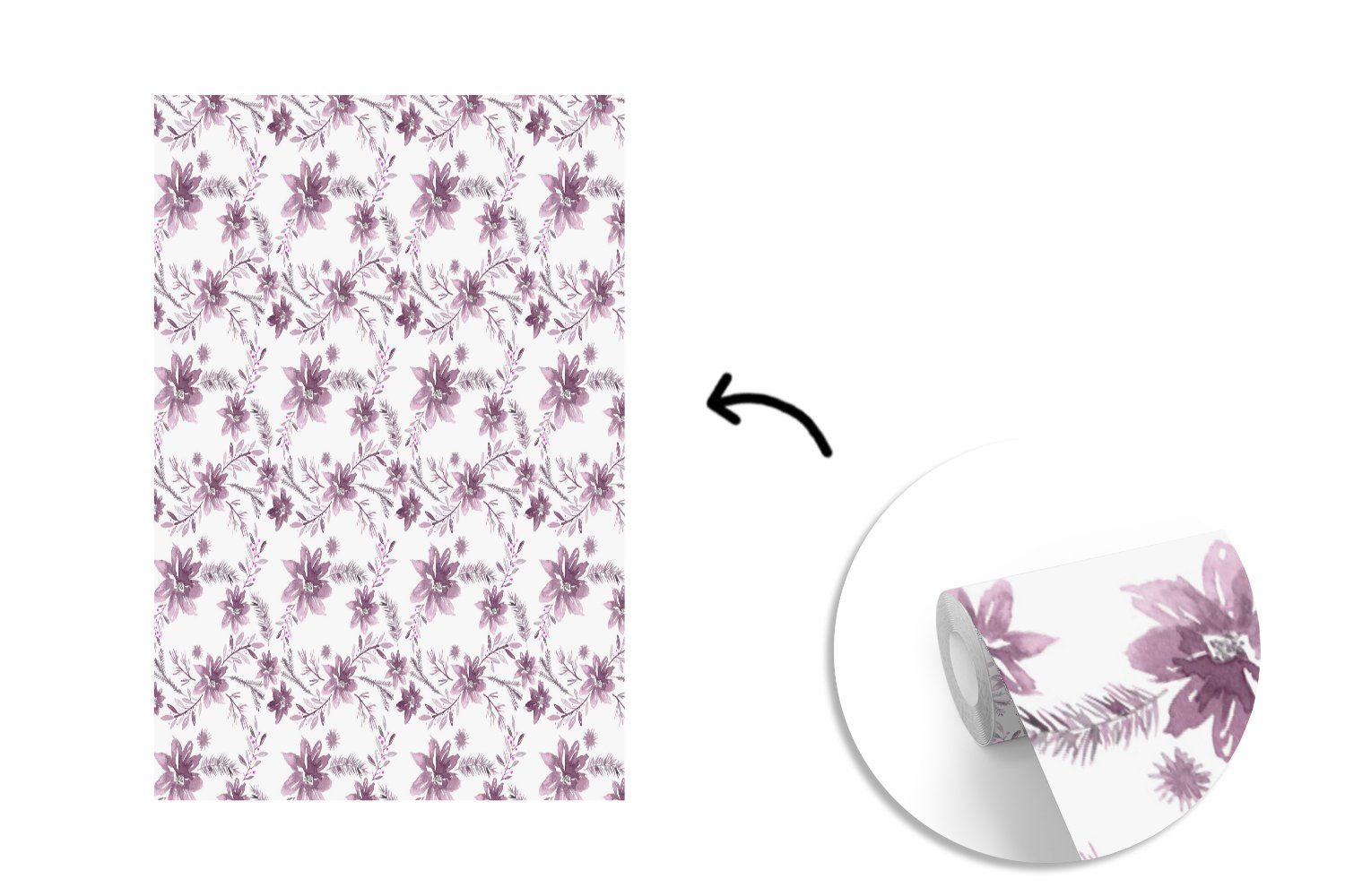- St), Montagefertig Tapete - Vinyl Blumen Wandtapete Rosa, (3 bedruckt, Matt, Muster MuchoWow für Wohnzimmer, Fototapete