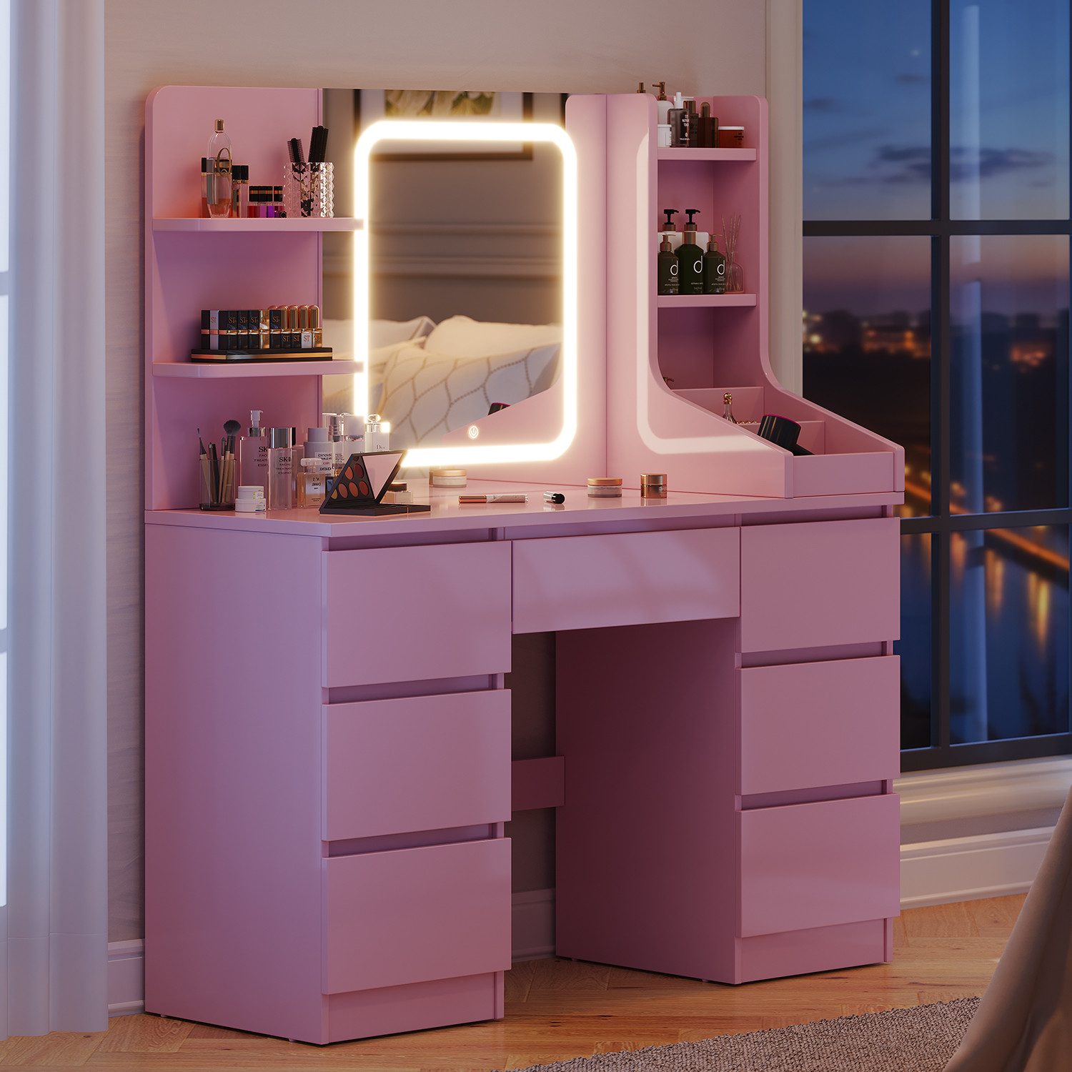 Furnicopia Schminktisch Einstellbare Helligkeit mit 7 Schubladen und 8 offe günstig online kaufen