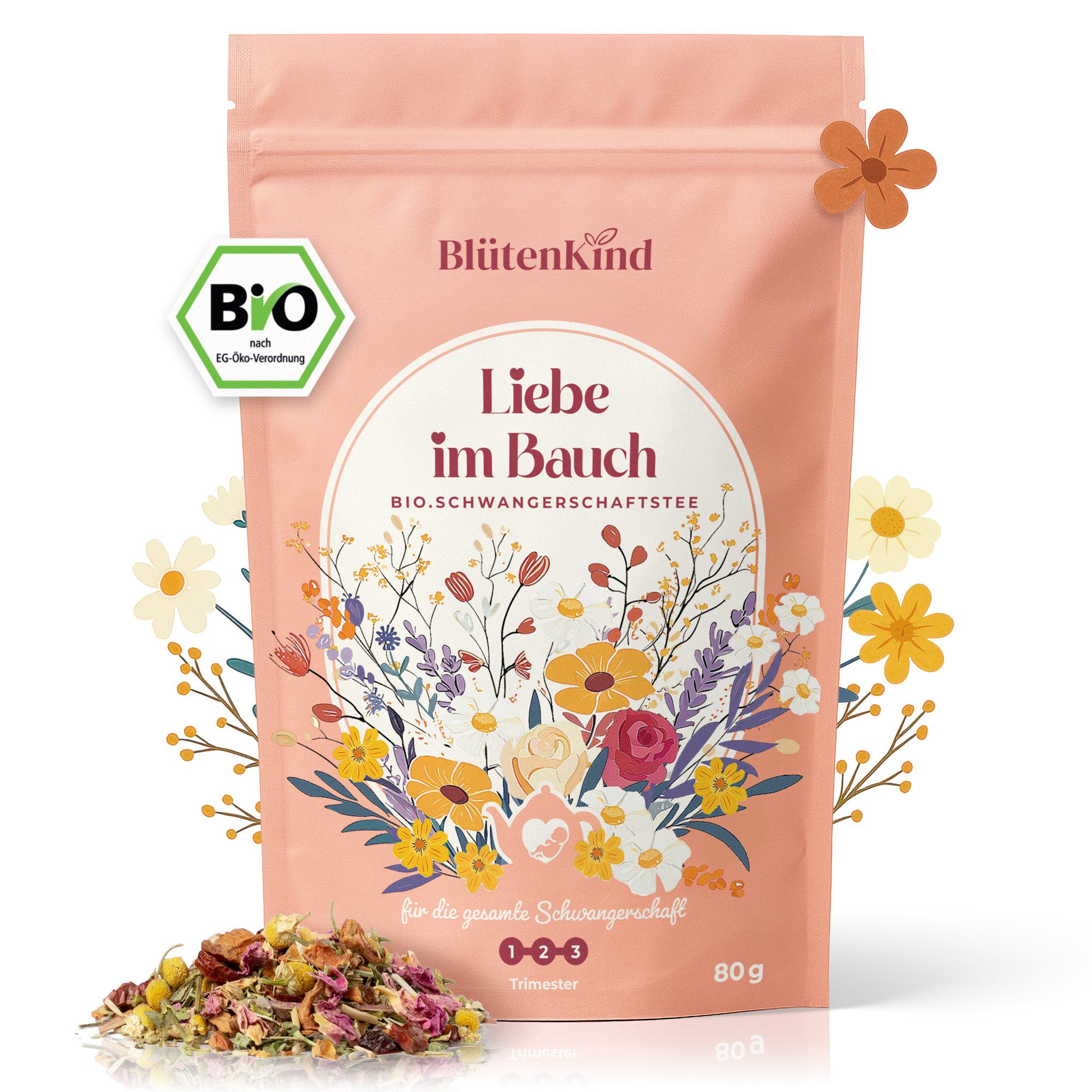 BlütenKind Tee BIO Schwangerschaftstee, 80 g, (Liebe im Bauch“, koffeinfrei & perfekt für alle Trimester (1.-3), Beliebte Frauenkräuter für deine Schwangerschaft