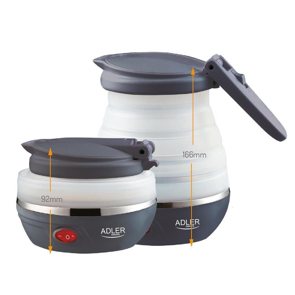 ADLER EUROPE Reise-Wasserkocher AD 1278 Silikon faltbar elektrisch Silikon Reisewasserkocher, 0,6 l, 750,00 W, für Camping, Reise, Wohnmobil, Hotel & Urlaub, kompakt, grau