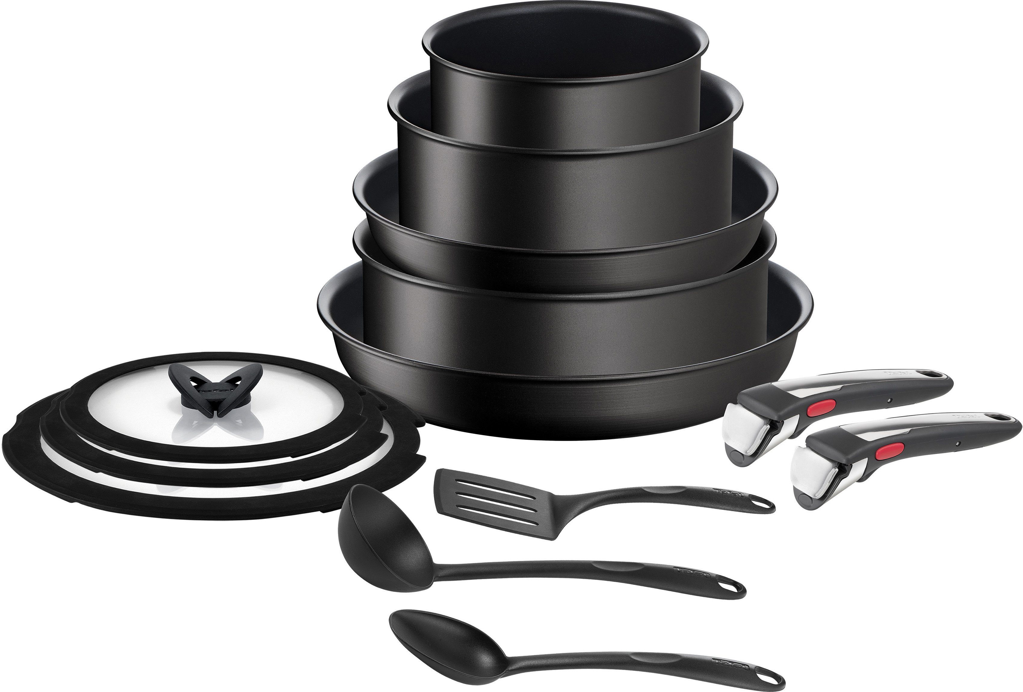 Tefal Topf-Set Ingenio Unlimited On, Aluminium (Set, 13-tlg., Kasserolle 16/20/24 cm, Bratpfanne 24/28 cm, 3 Deckel, Küchenhelfer), Antihaft, Thermo-Signal, abnehmbarer Griff, alle Herdarten, Induktion