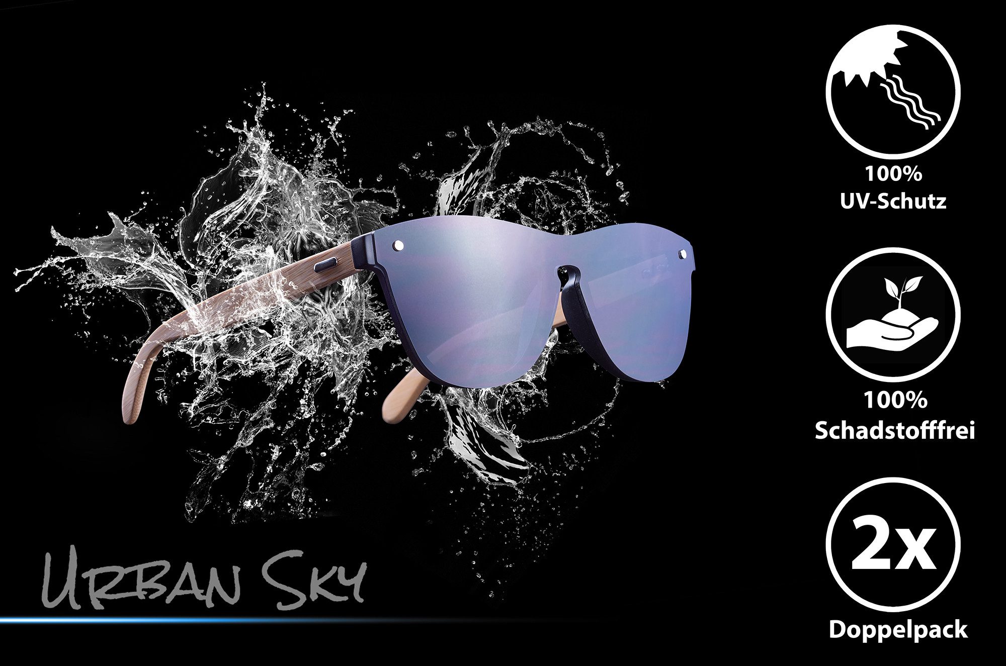 UrbanSky Sonnenbrille Shield Sonnenbrillen Doppelpack „Greg“ (2er-Pack, Sonnenbrillen-Set mit Einstecketui) verspiegelt - Bambusbügel & UV400