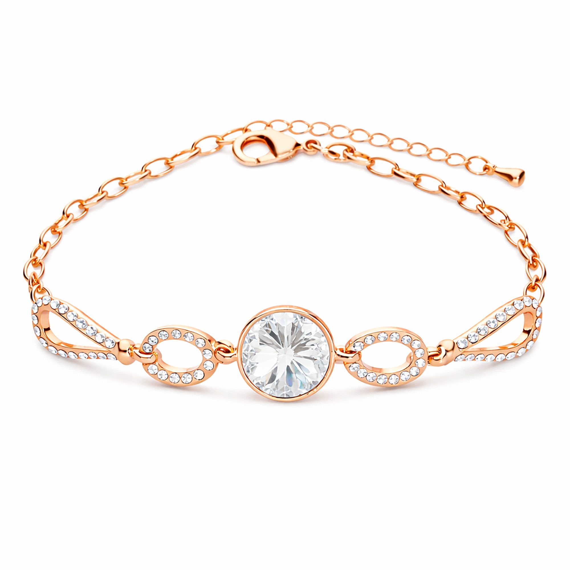 LÖB Armband Armband in 750er Roségold Vergoldet Tropfen Zirkonia Stein Rund Kreise (Geschenke für Frauen Damen Beste Freundin Mutter Mama Ehefrau Oma sie zum Geburtstag Weihnachten Weihnachtsgeschenke Schmuck, Inkl. Schmuckbox), Damen Armkette Armreif Verstellbar Glitzer Strass Ringe Gliederarmband