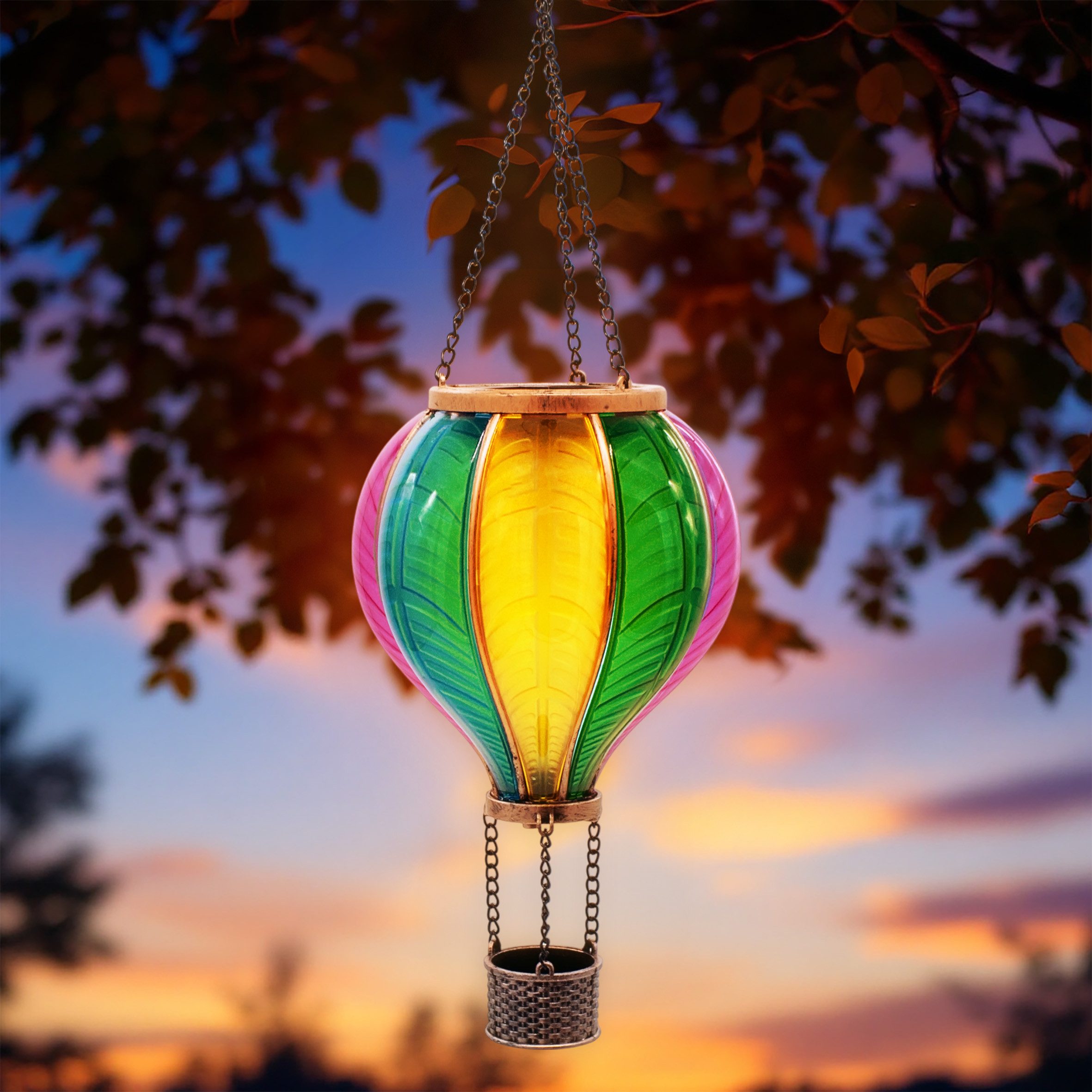 Spetebo LED Dekolicht Solar LED Heißluftballon bunt zum Hängen, Dämmerungssensor, LED fest integriert, warm weiß, Garten Lichtspiel mit Flammen Effekt warm weiß – Bild 5 von 5
