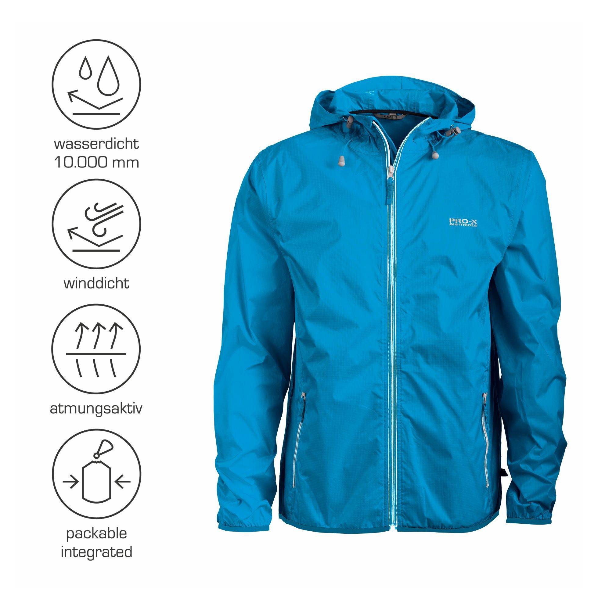 PRO-X ELEMENTS Regenjacke Kinder Jugend STAR Jr. wasserdicht, atmungsaktiv, winddicht integr. Packtasche, Reißverschluss, Kapuze, verschweißte Nähte