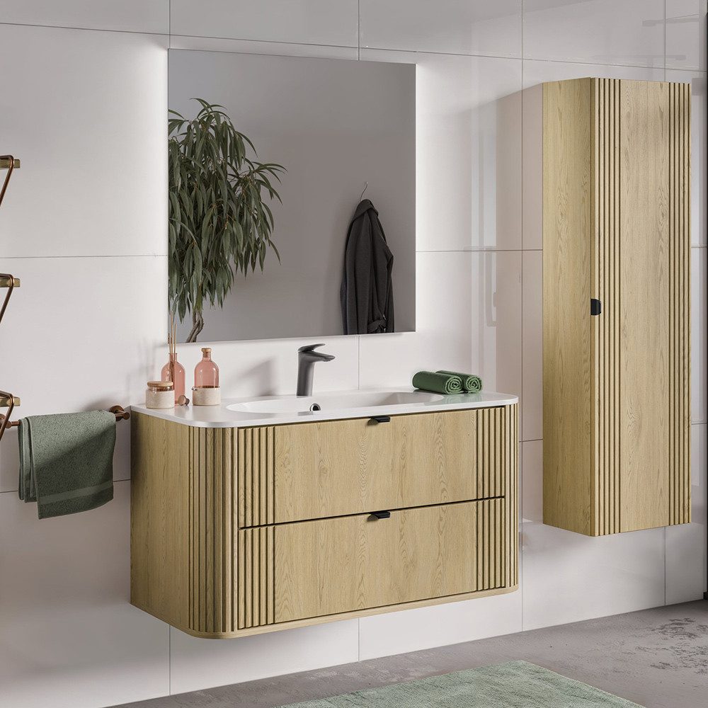 Lomadox Badmöbel-Set OLIVA-56, (Spar-Set, 3-St., Waschtisch Hochschrank Spiegel), Eiche Rillen Keramik Waschbecken Metallgriffe modern LED Beleuchtung