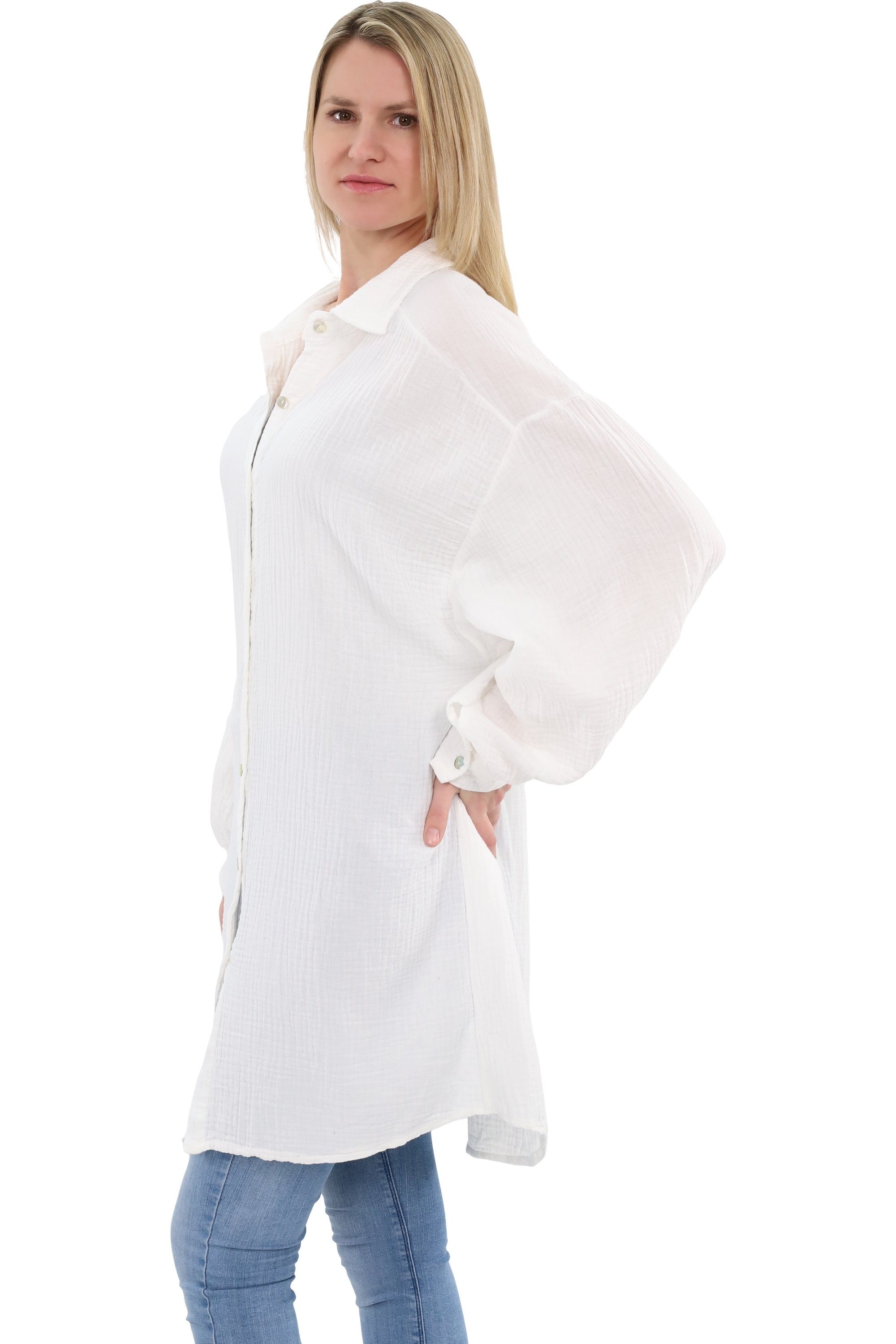 malito more than fashion Hemdbluse malito Damen Musselin Bluse, Oversize Blusenhemd im lässigem Look, weicher Musselinstoff - Einheitsgröße