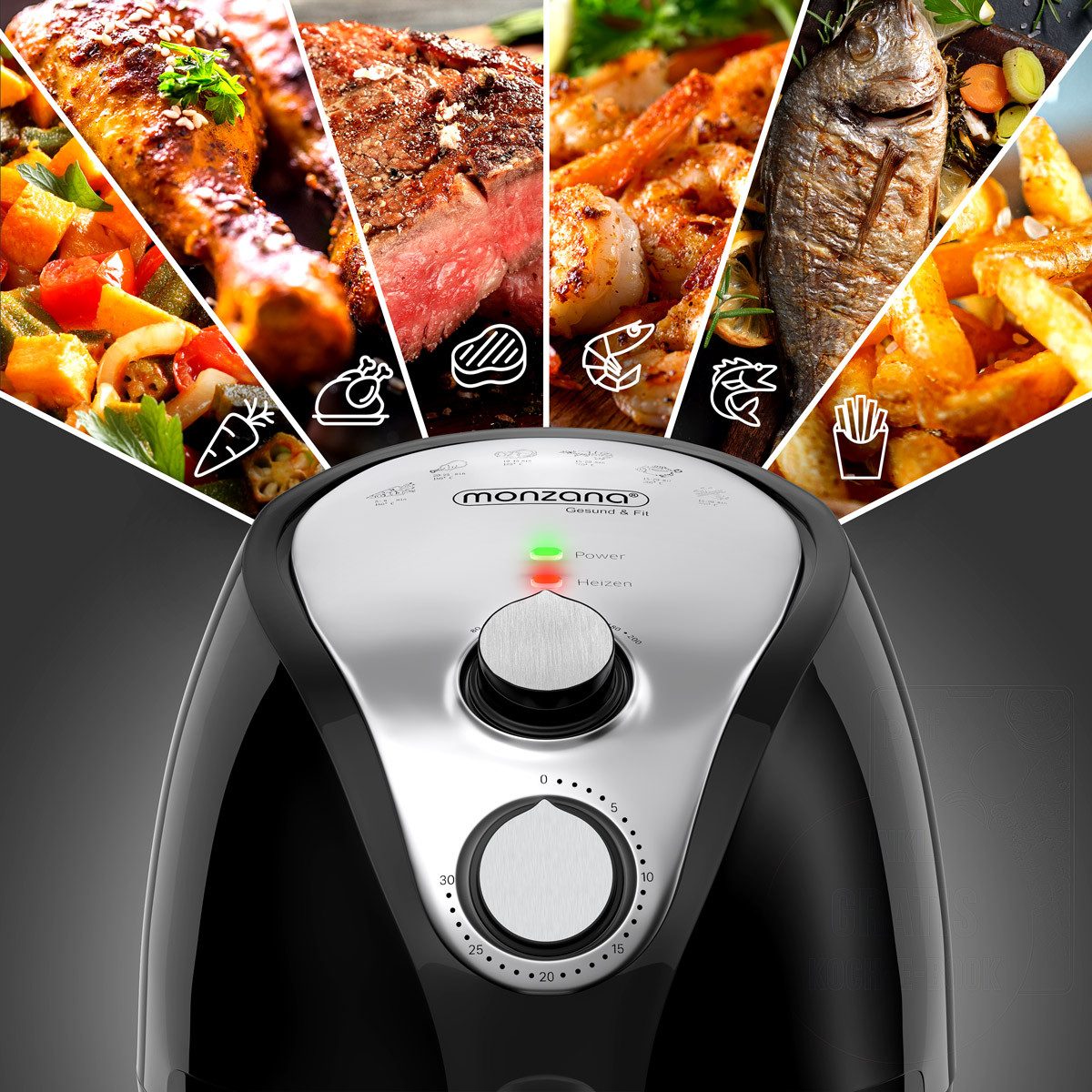 monzana Heißluftfritteuse, 1300 W, 3,6L mit Rezeptheft 9in1 Funktion 80-200°C Cool Touch Schwarz