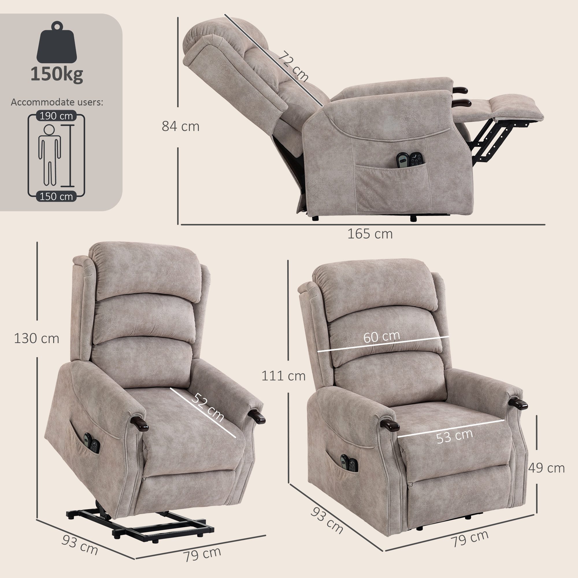 HOMCOM Relaxsessel Holzgriff, Fernbedienung, Seitentasche (Set, 1-St., 1), elektrische Aufstehhilfe, Massagemodus, Wärmefunktion