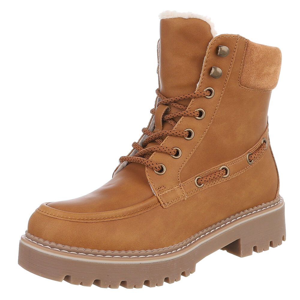 Ital-Design Damen Schnürstiefel mit Profilsohle und Reißverschluss Snowboots (92299786) Blockabsatz Plateaustiefeletten in Camel