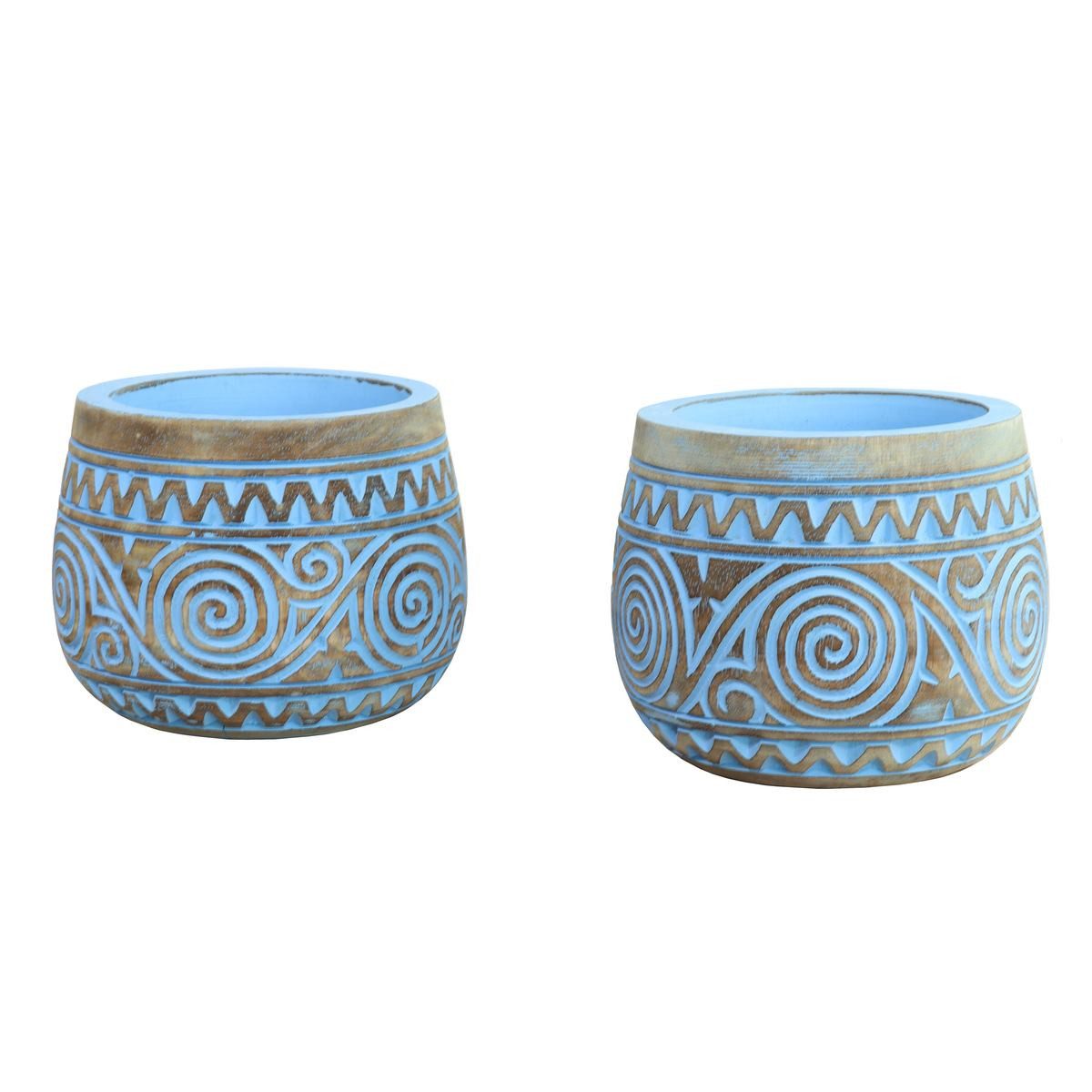 Oriental Galerie Dekofigur 2er Set Holz Vase Blumenkübel Blau (1 St)