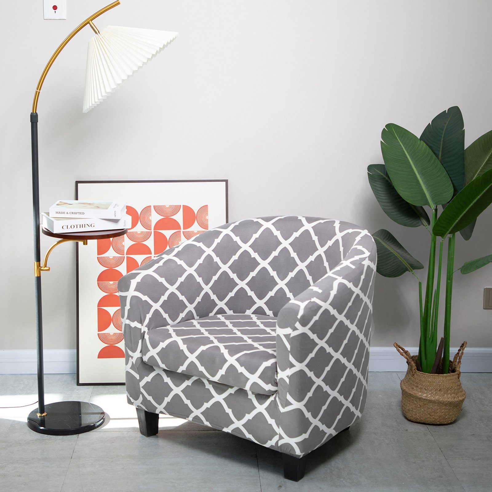 Sesselhusse Stretch, Akzentstuhl Barrel Muster, Hellgrau gedrucktes für florales Rosnek, geometrisches Chair Einzelsessel