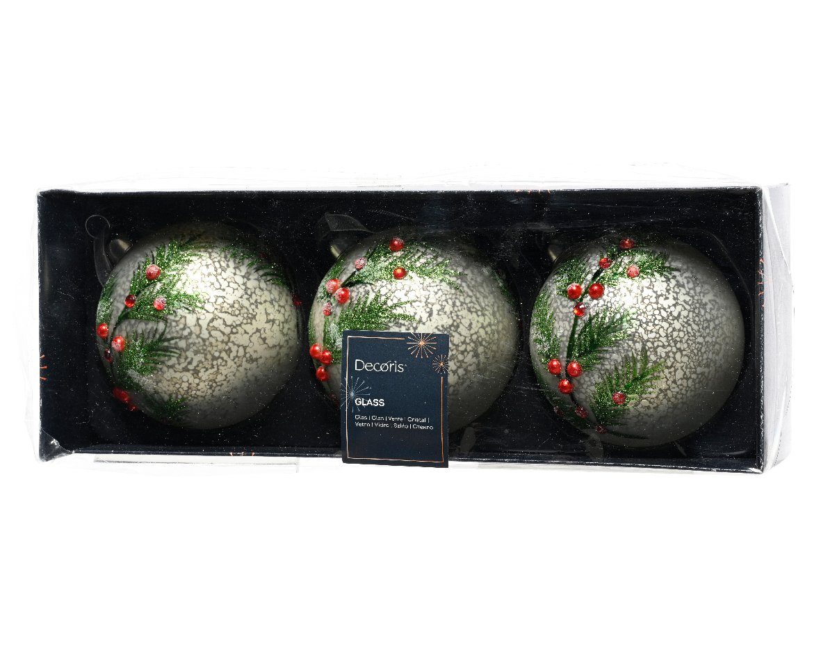 Decoris season decorations Weihnachtsbaumkugel, Weihnachtskugeln Glas 8cm mit Motiv zweig und Beeren - Silber / Matt | Weihnachtskugeln