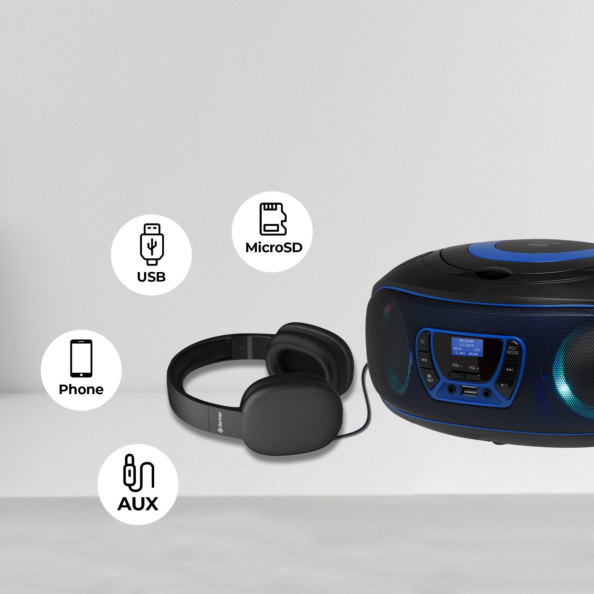 Denver TDB-212BU CD-Player (DAB+/FM Radio, MP3 via USB,& AUX, Musik Streaming über Bluetooth, CD-Player, Bluetooth, 2 x 18W Output, Batterie- oder Netzbetrieb möglich)