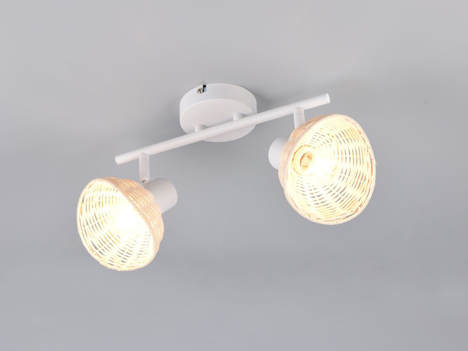 Reality Leuchten LED Deckenstrahler mit Rattan Lampenschirmen, Länge 40cm, Leuchtmittel dimmbar, LED wechselbar, Warmweiß, skandinavisch-e Deckenlampe 2-flammig mit E14 Leuchtmitteln