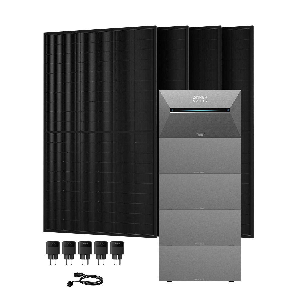 Anker Balkonkraftwerk 2000W Anker SOLIX Solarbank 3 E2700 Pro mit Zusatzsakku und Smart Plug, (5xSmart Plug und 4x 500Wp Solarmodule im Lieferumfang enthalten), Speicher mit integriertem Wechselrichter, All-in-One 2,668kWh Akku