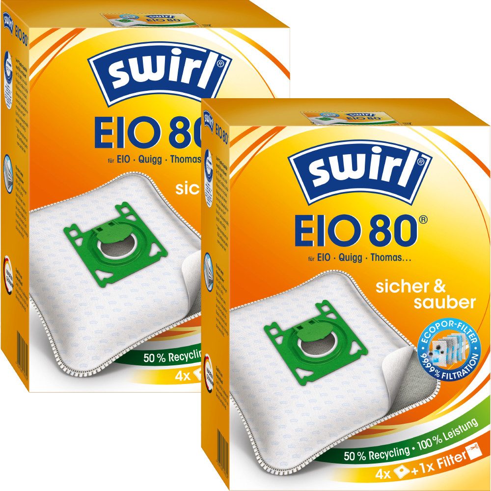 Swirl Staubsaugerbeutel Swirl EIO80 EIO 80, passend für EIO Koenic Quigg Staubsauger, inkl. 2 Filter - zuschneidbar, 8 St., Optimale Passform, MicroPor® Plus-Qualität für lange Nutzungsdauer