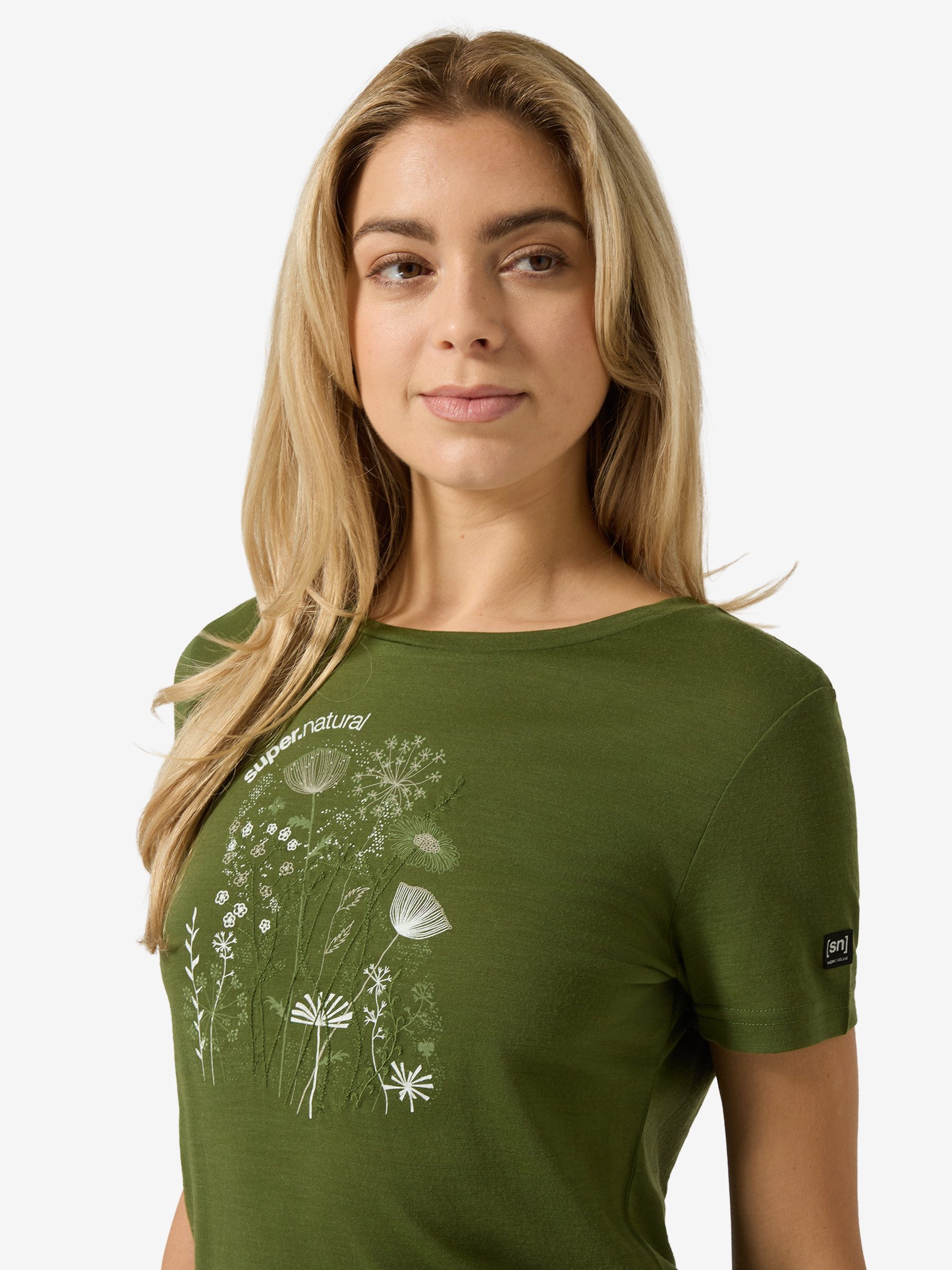SUPER.NATURAL Print-Shirt für Damen, Merino ROCK FLOWERS TEE Blumen Motiv, atmungsaktiv