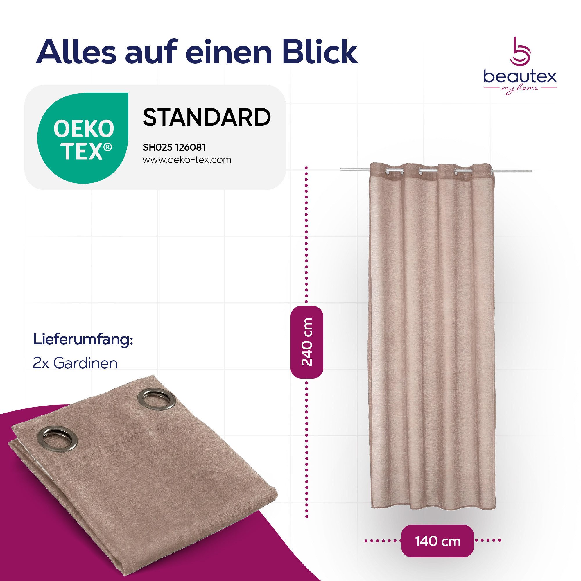 Beautex Gardine transparent Dolly, wählbar mit Kräusel- und Ösen- Aufhängung (2 St), Ösen, transparent