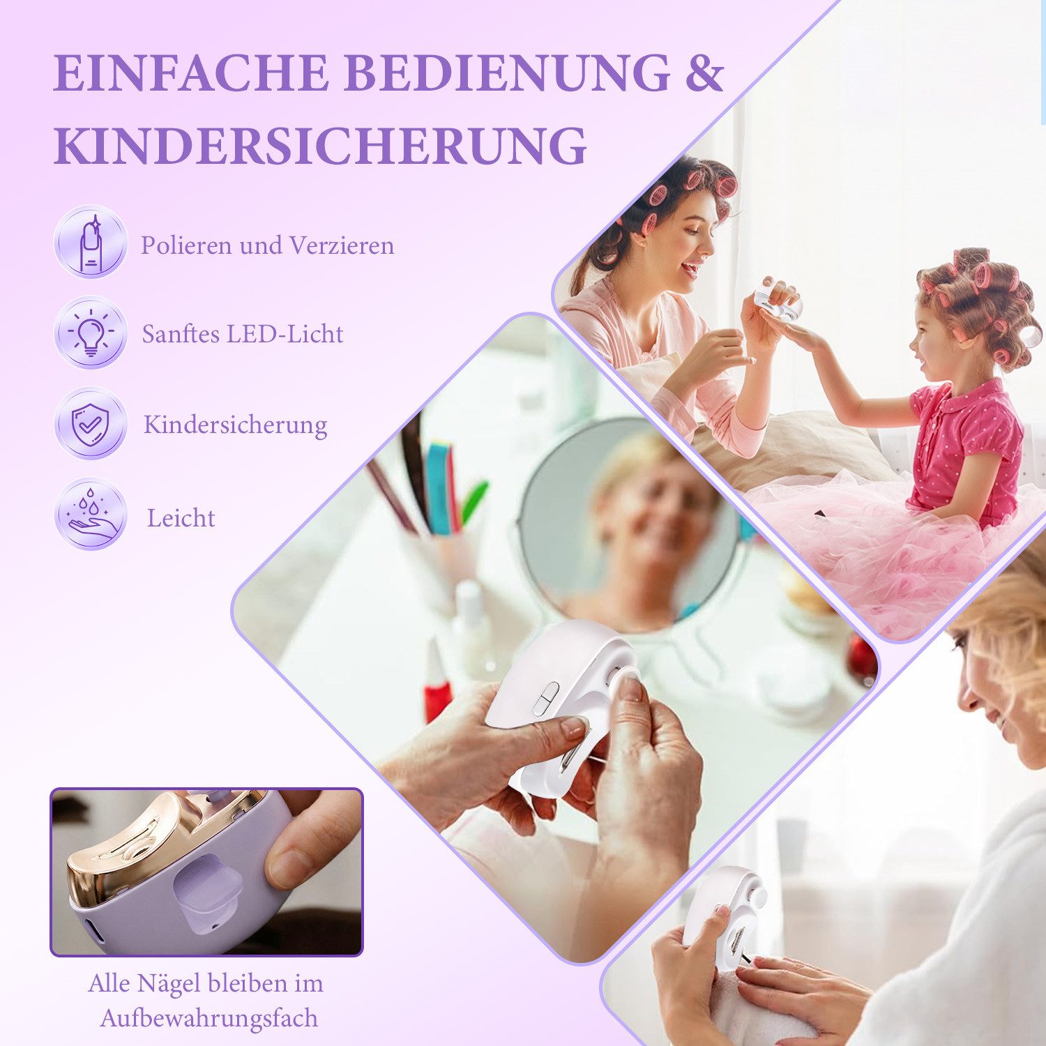 ANYSUN Nagelknipser Elektrisch für Kinder & Erwachsene, Geräuscharm, LED-Licht, 2 Geschwindigkeiten, Akku, Tragbar