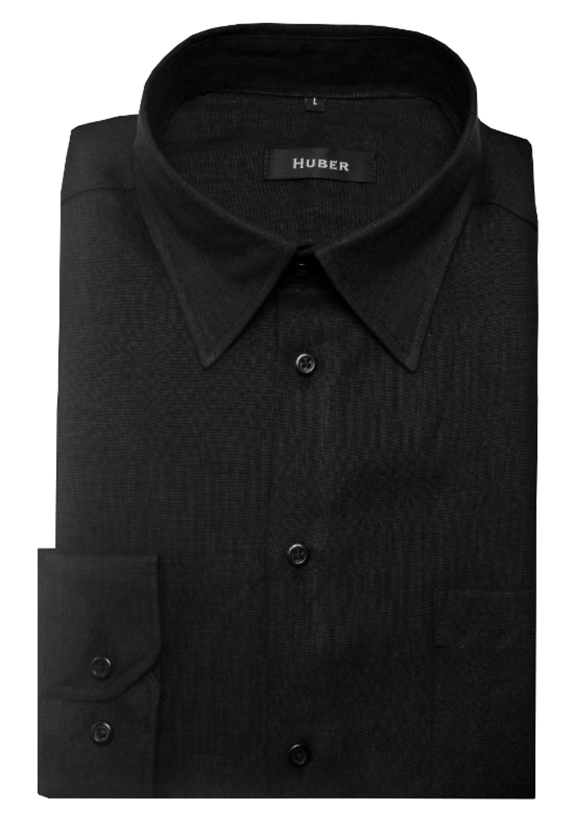 Huber Hemden Langarmhemd HU-0053 Kentkragen, 100% Leinen nachhaltige Naturfaser Regular Made in EU! schwarz