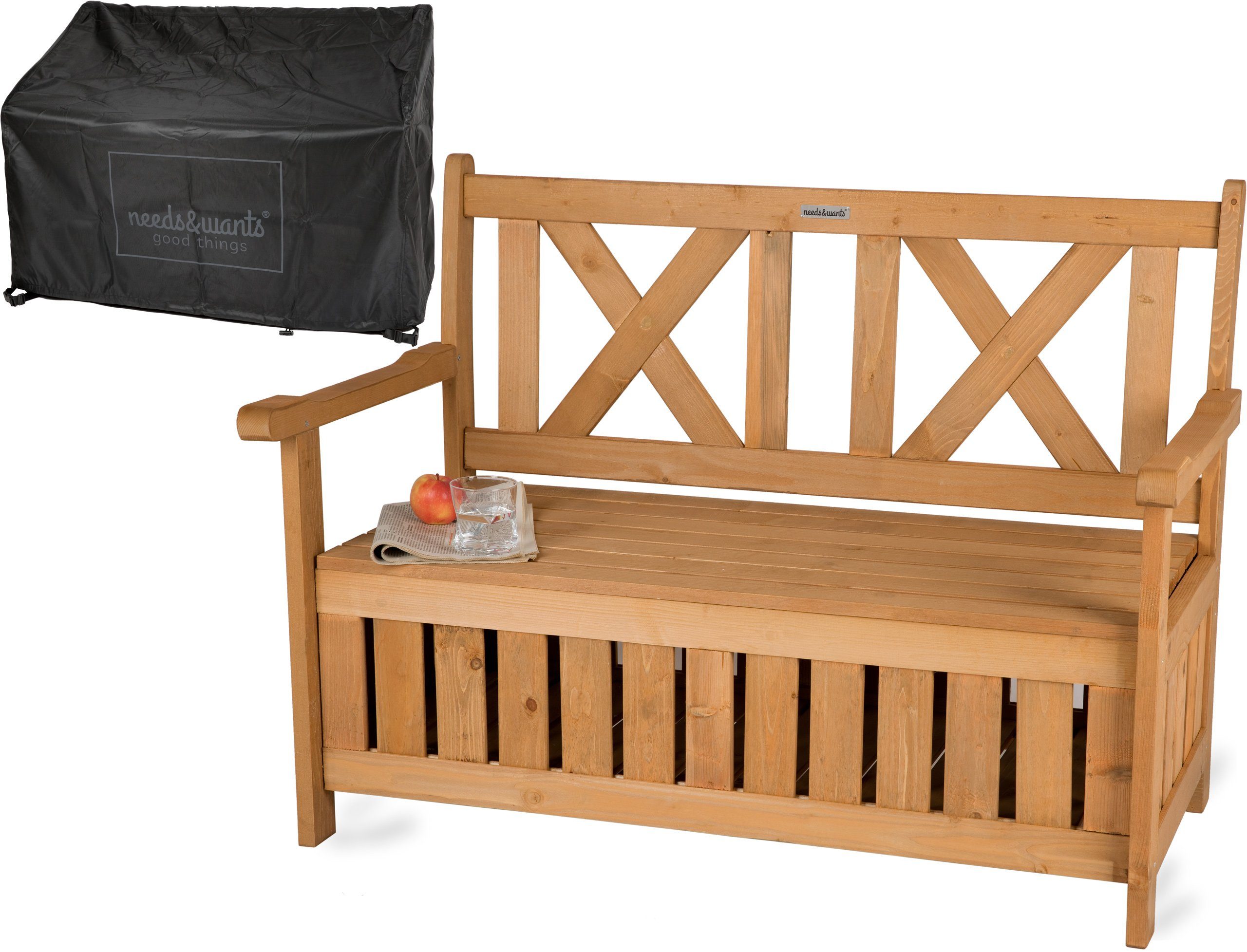 needs&wants® Gartenbank Holz wetterfest mit Stauraum, Truhenbank Holzbank Sitzbank Truhe braun, mit Textil Abdeckung 2-Sitzer Parkbank Garten Outdoor klassisch massiv