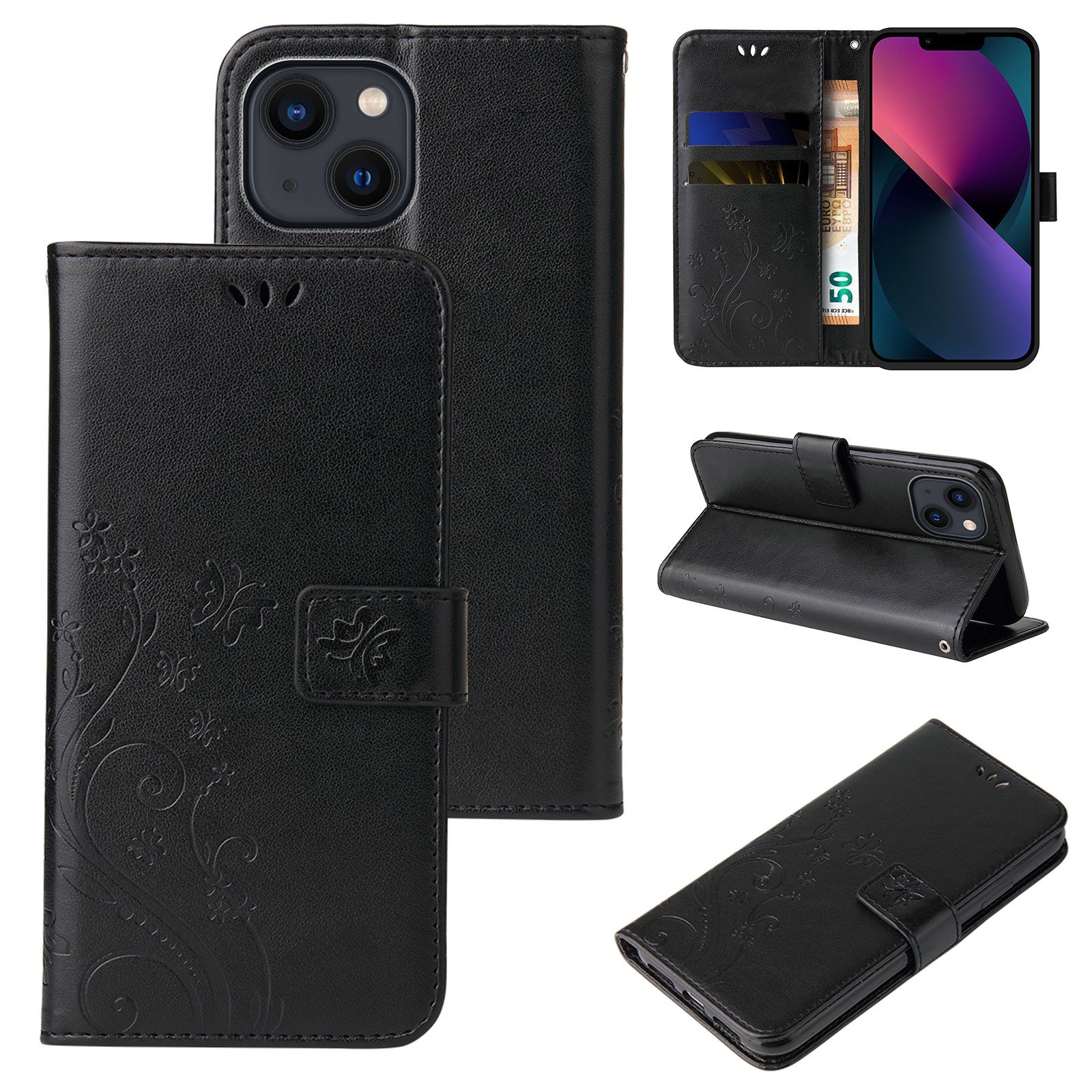 Tec-Expert Handyhülle Cover Tasche Hülle für Apple iPhone 13 6,1 Zoll, Klapphülle Case mit Kartenfach Fliphülle aufstellbar, Motiv Blumen