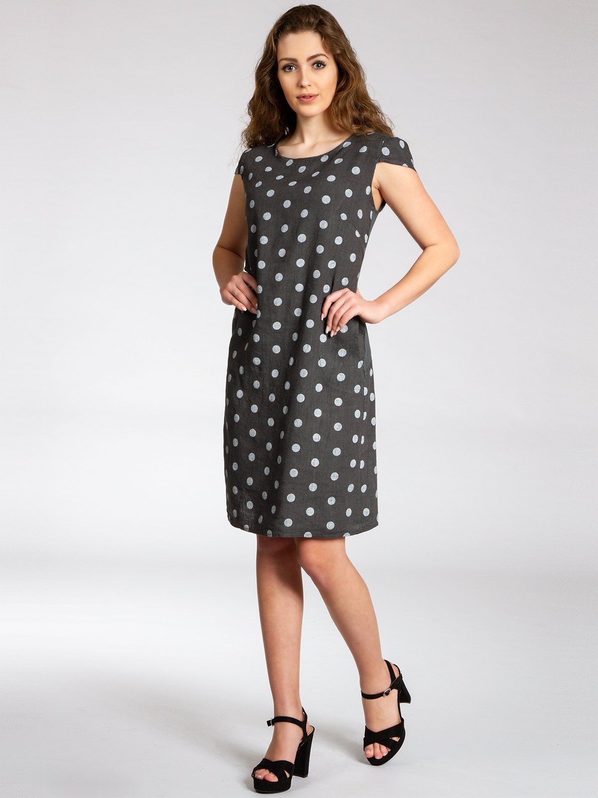 Caspar Sommerkleid SKL024 knielanges Damen Sommer Leinenkleid mit Punkte Print Luftig leicht, figurumspielende Form, mit seitlichem Jersey-Einsatz