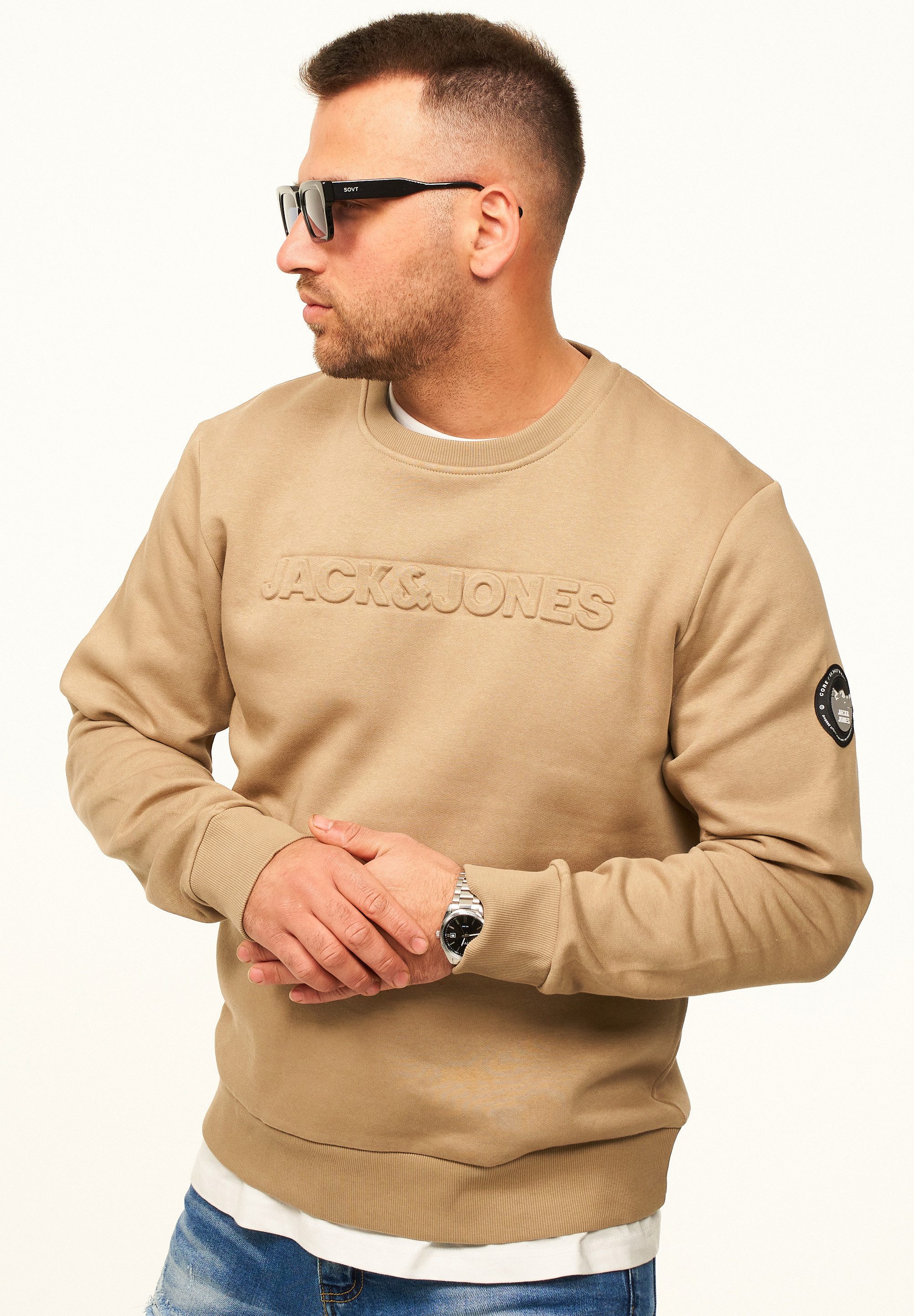 Jack & Jones Sweatshirt Pullover - Rundhalspullover mit Crew-Neck im Regular Fit für Herren Männer Sweatpullover mit Logo & Patch aus Baumwollmischung