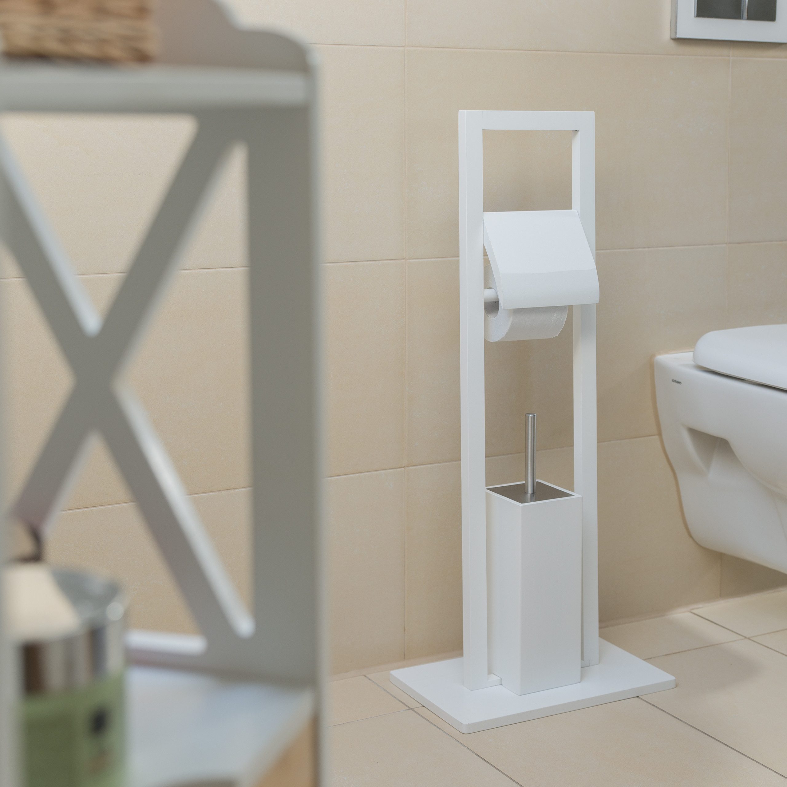 relaxdays Toilettenpapierhalter WC Garnitur Bambus weiß günstig online kaufen