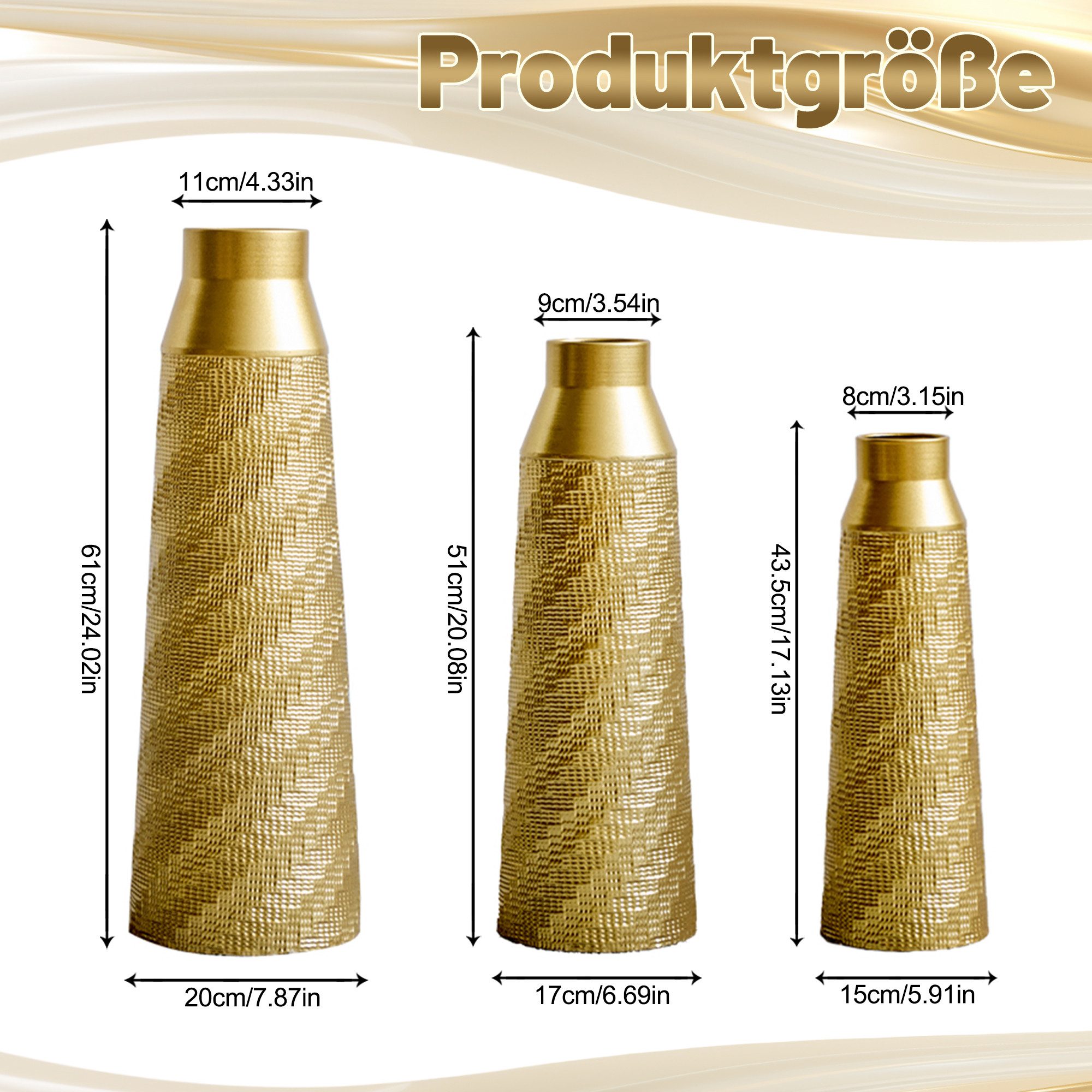 BlingBin Bodenvase Bodenvase 3er Set, Metall Vase mit Geometrischem Muster, 42/51/61 cm (3er Set, 3 St., Groß: 20x20x61cm, Mittel: 17x17x51cm, Klein: 15x15x44cm), Dekovase für Wohnzimmer, Esszimmer, Trockenblumen & Pampasgras, Gold