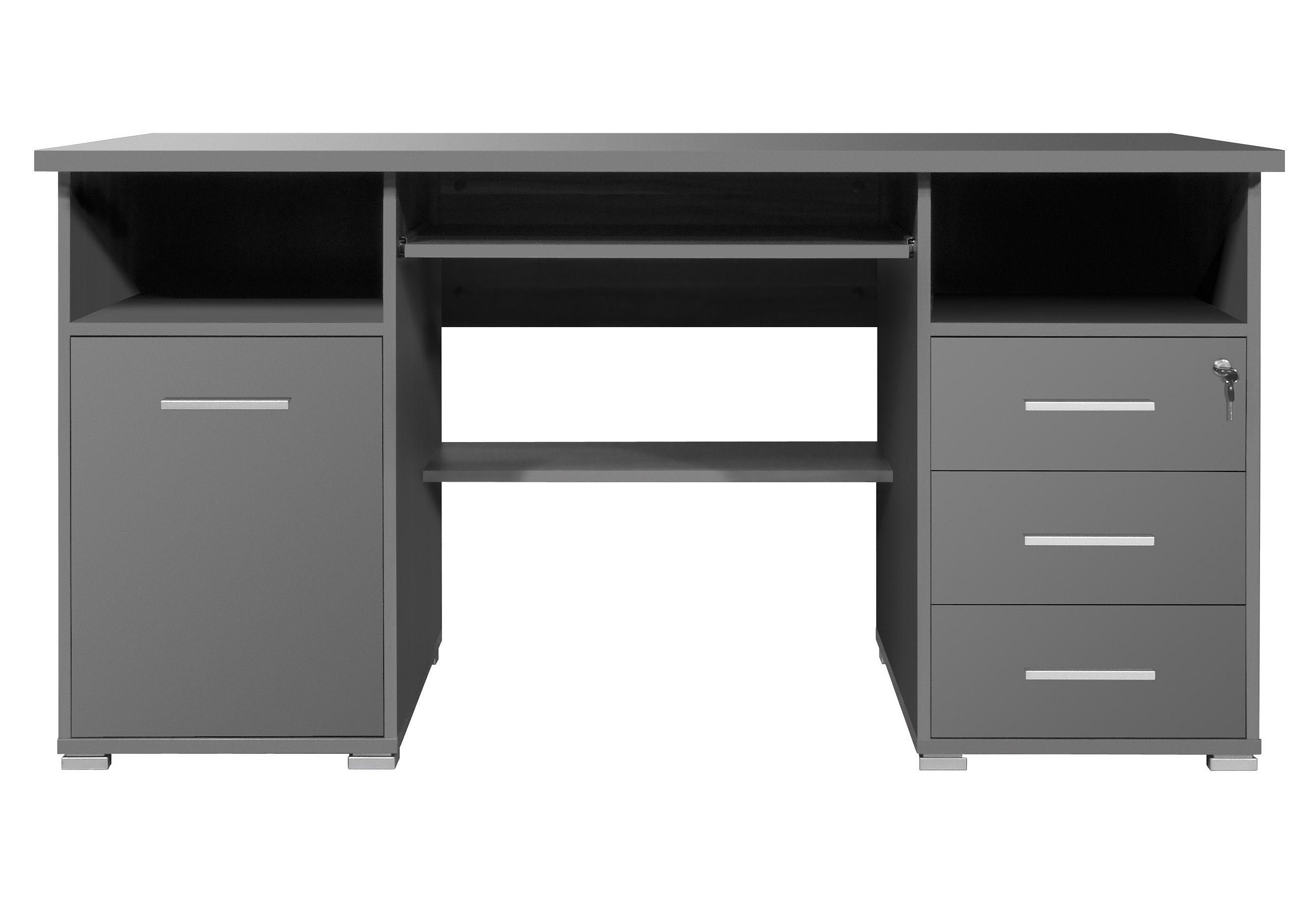 in Tastaturauszug Schreibtisch mit (Made cm 0484 & Schubkasten, abschließbarem Computertisch GERMANIA anthrazit B.145 Germany),