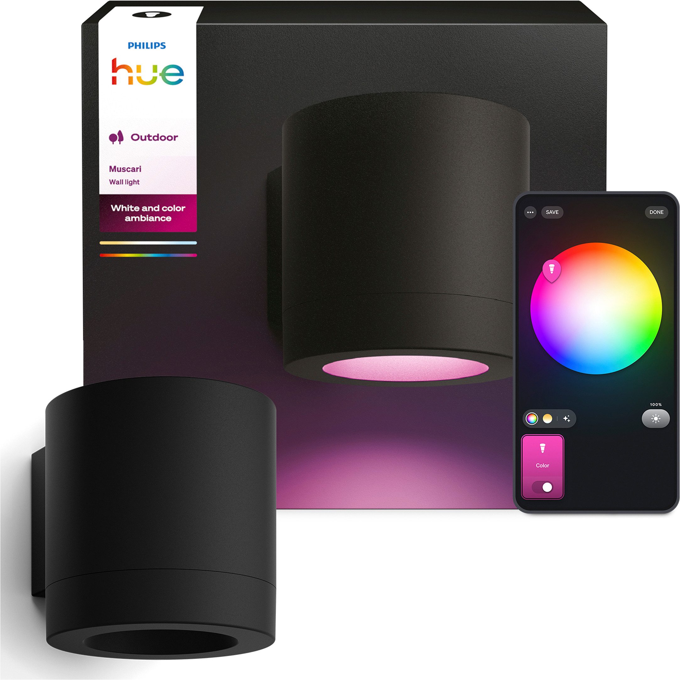 Philips Hue LED Wandleuchte Muscari Wandleuchte, White & Color Ambiance, smarte Außenbeleuchtung, Bluetooth, CCT - über Fernbedienung, Dimmer, Dimmfunktion, Einschlafhilfe, Farbsteuerung, Farbwechsel, Memory, nach Trennung vom Netz, Memoryfunktion, RGB, Smart Home, Softlichtstart, Timerfunktion, Weckerfunktion, dimmbar über Fernbedienung, erweiterbar, mehrere Helligkeitsstufen, LED wechselbar, RGB, 2000–6500 K, IP44, UV-beständig, steuerbar per App und Sprache