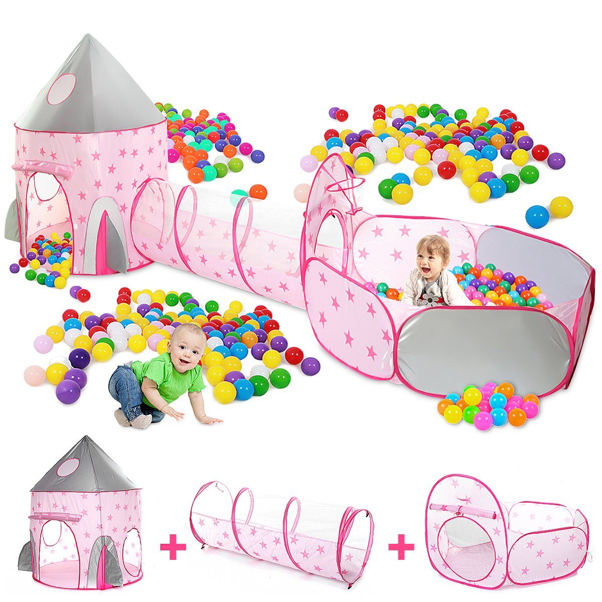 Kinder Zelt Babyzelt Spielhaus mit Tunnel+Bällebad Basketball Box Geschenke 