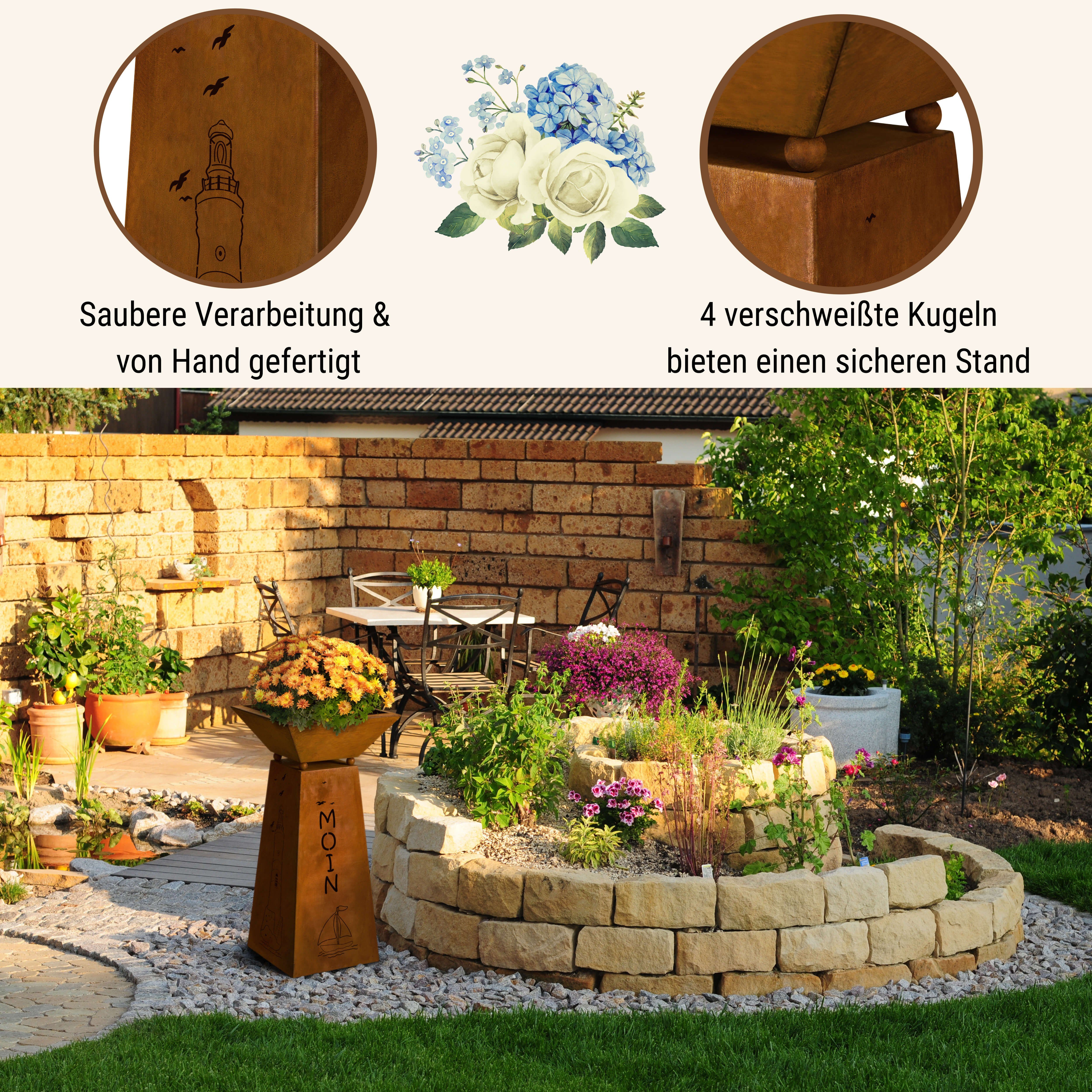 Rostikal Blumenständer Gartendeko Maritim Leuchtturm 72 cm Dekosäule (Set, Säule mit Schale), echter Rost – Bild 4 von 5