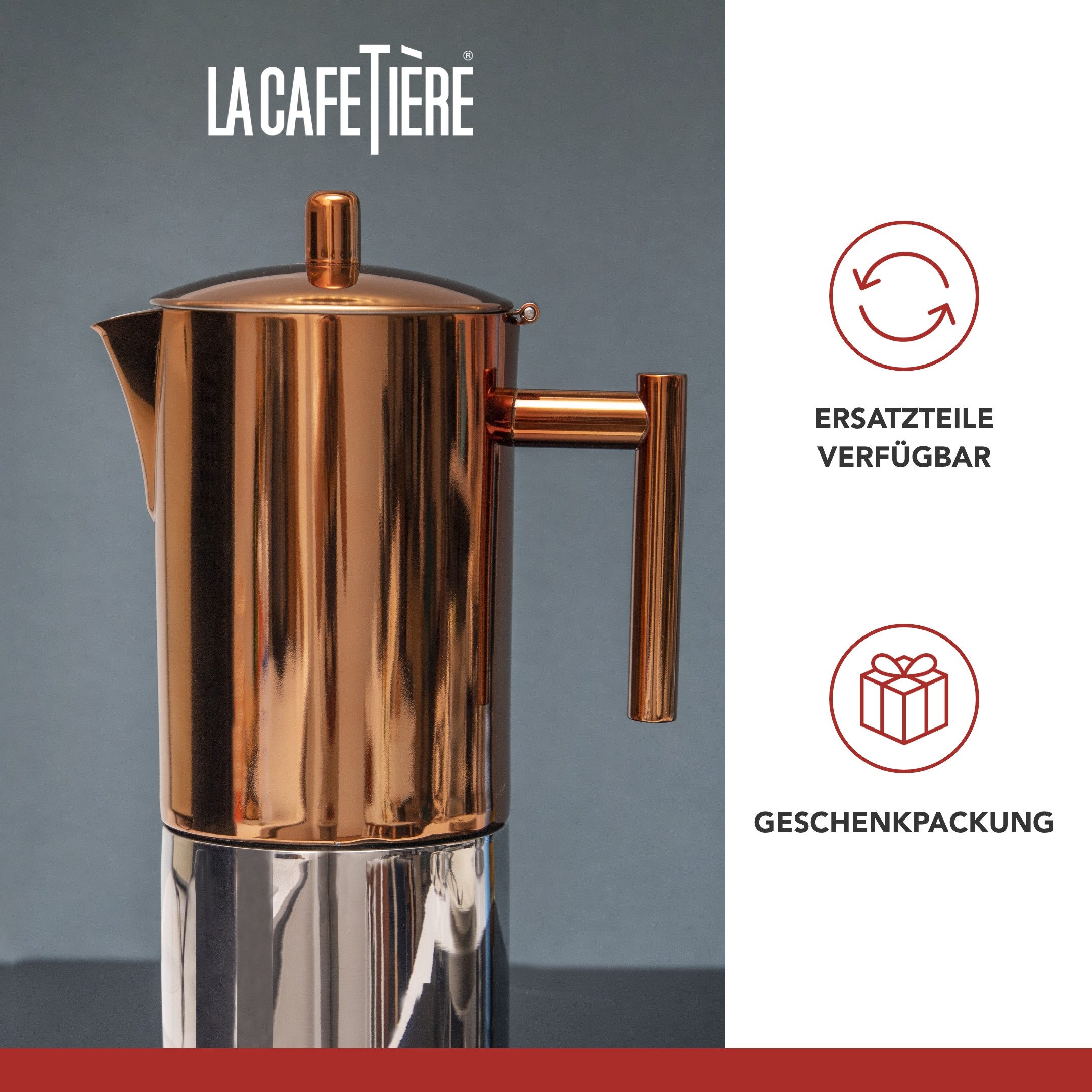 La Cafetière Espressokocher La Cafetière Copper Stovetop Espresso Maker, 0,6l Kaffeekanne, aus hochwertigem, rostfreien Edelstahl mit induktionsgeeignetem Boden