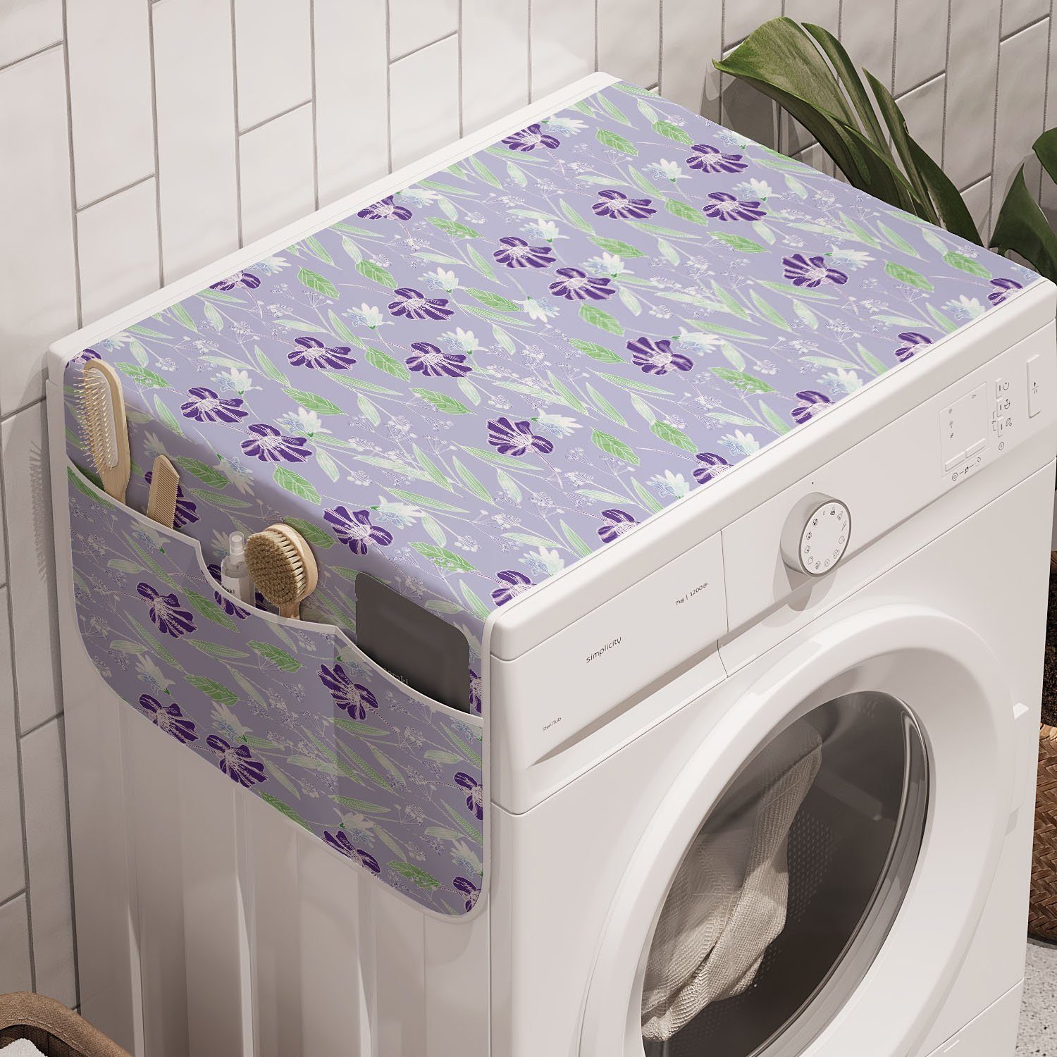 Abakuhaus Badorganizer Anti-Rutsch-Stoffabdeckung für Waschmaschine und Trockner, Blumen Lila Blüten Sketch Stil