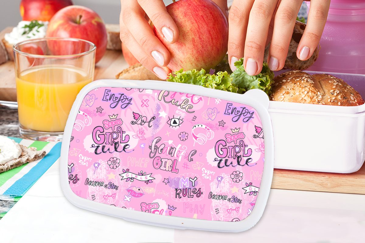 für Muster, - Kinder Mädchen Teenager Brotdose, und - - und Kunststoff, Erwachsene, Jungs für MuchoWow Lunchbox weiß Rosa (2-tlg), Mädchen Brotbox Zitate -