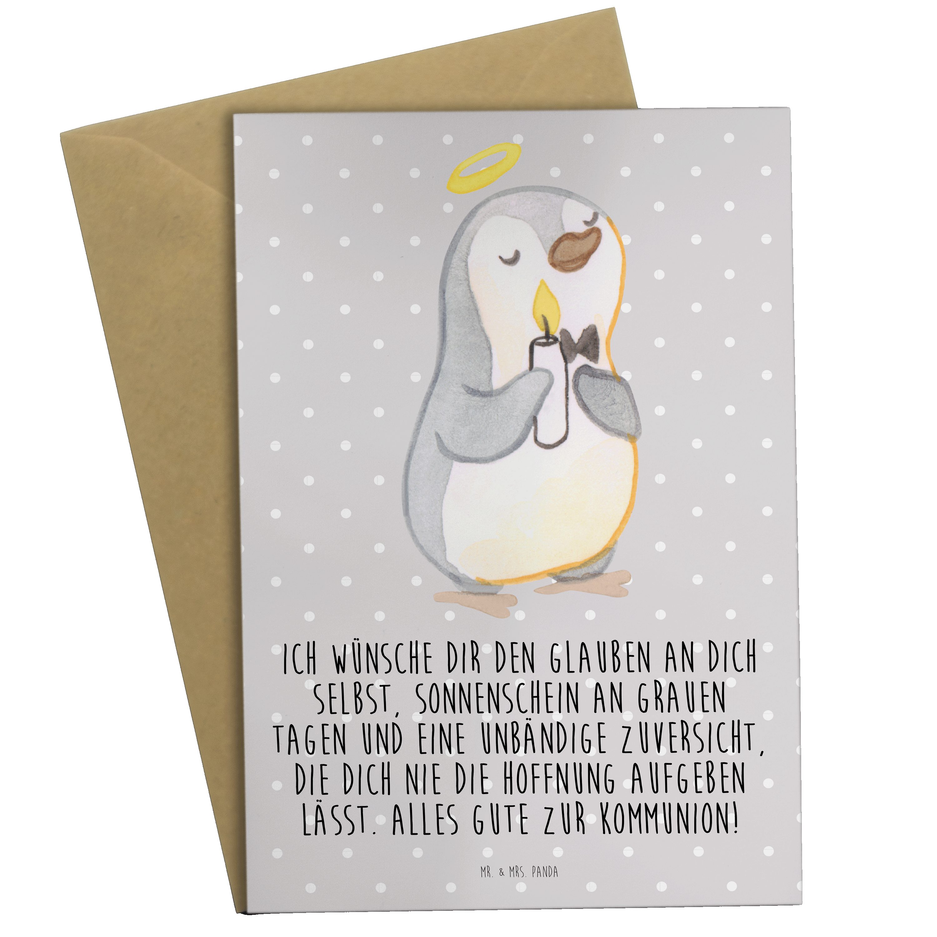 Mr. & Mrs. Panda Grußkarte Pinguin Kommunion - Grau Pastell - Geschenk, Geburtstagskarte, Klappk