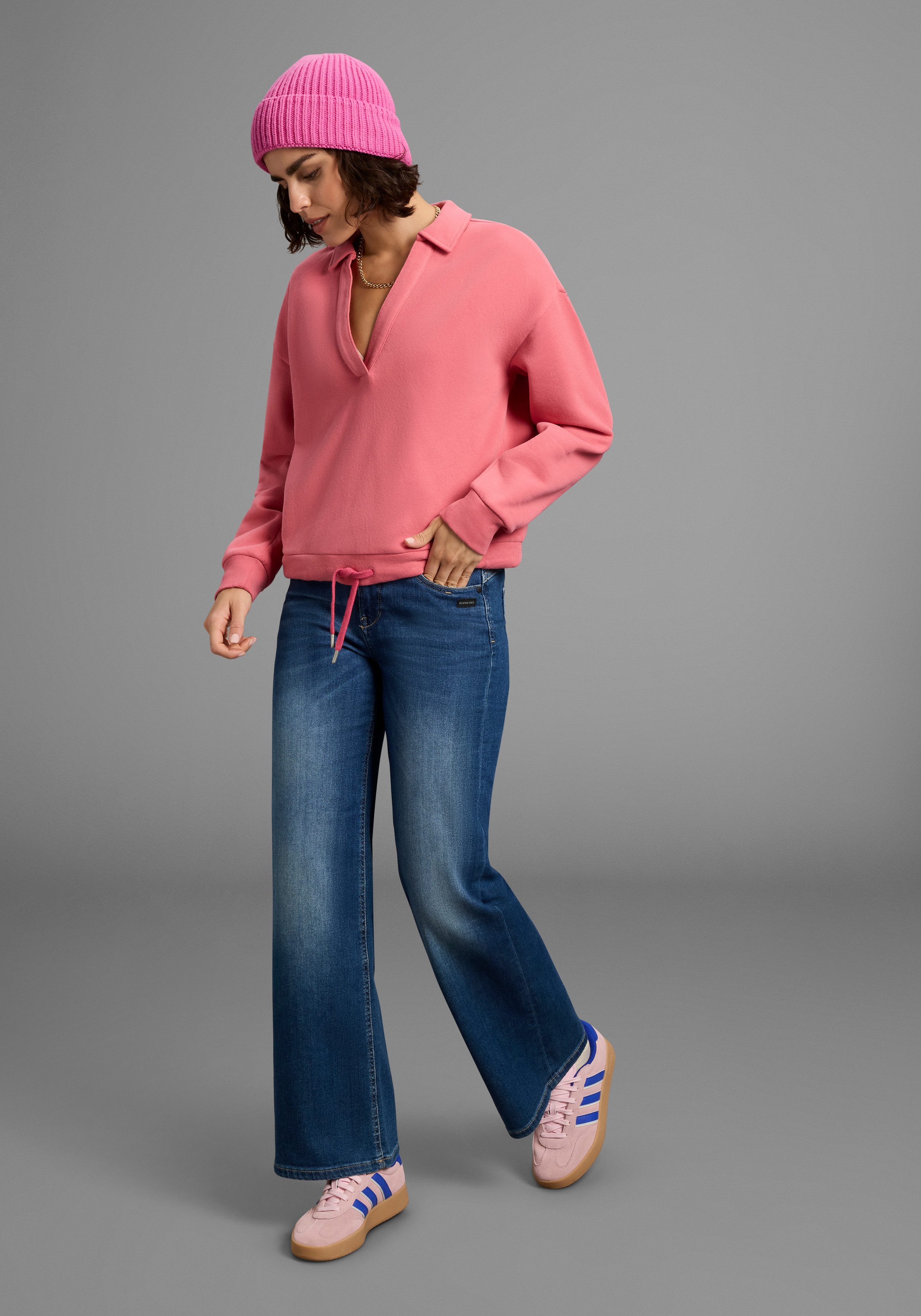 Laura Scott Sweatshirt Weiche Baumwollmischung mit V-Ausschnitt und Kordel am Saum