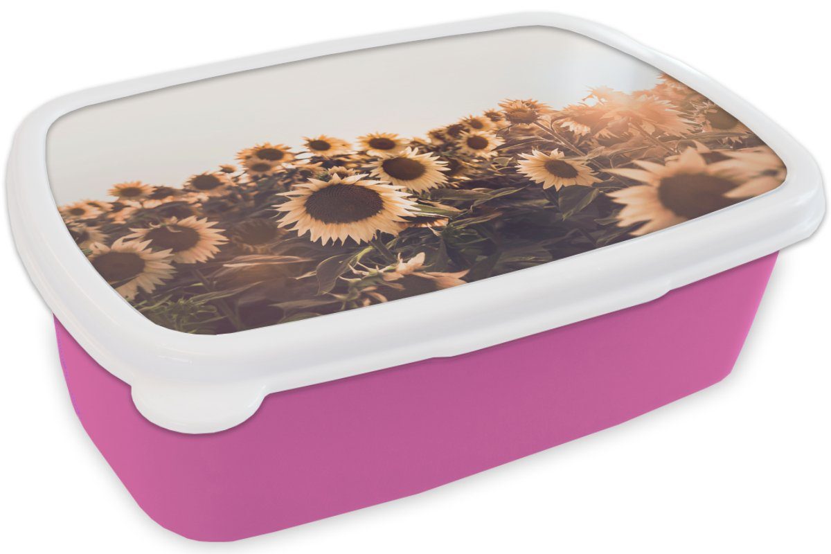 MuchoWow Lunchbox Sonnenblumen rosa Kinder, Brotbox - Brotdose Snackbox, - Blumen Erwachsene, für - (2-tlg), Sonnenuntergang Kunststoff - Mädchen, Feld Kunststoff, Gelb