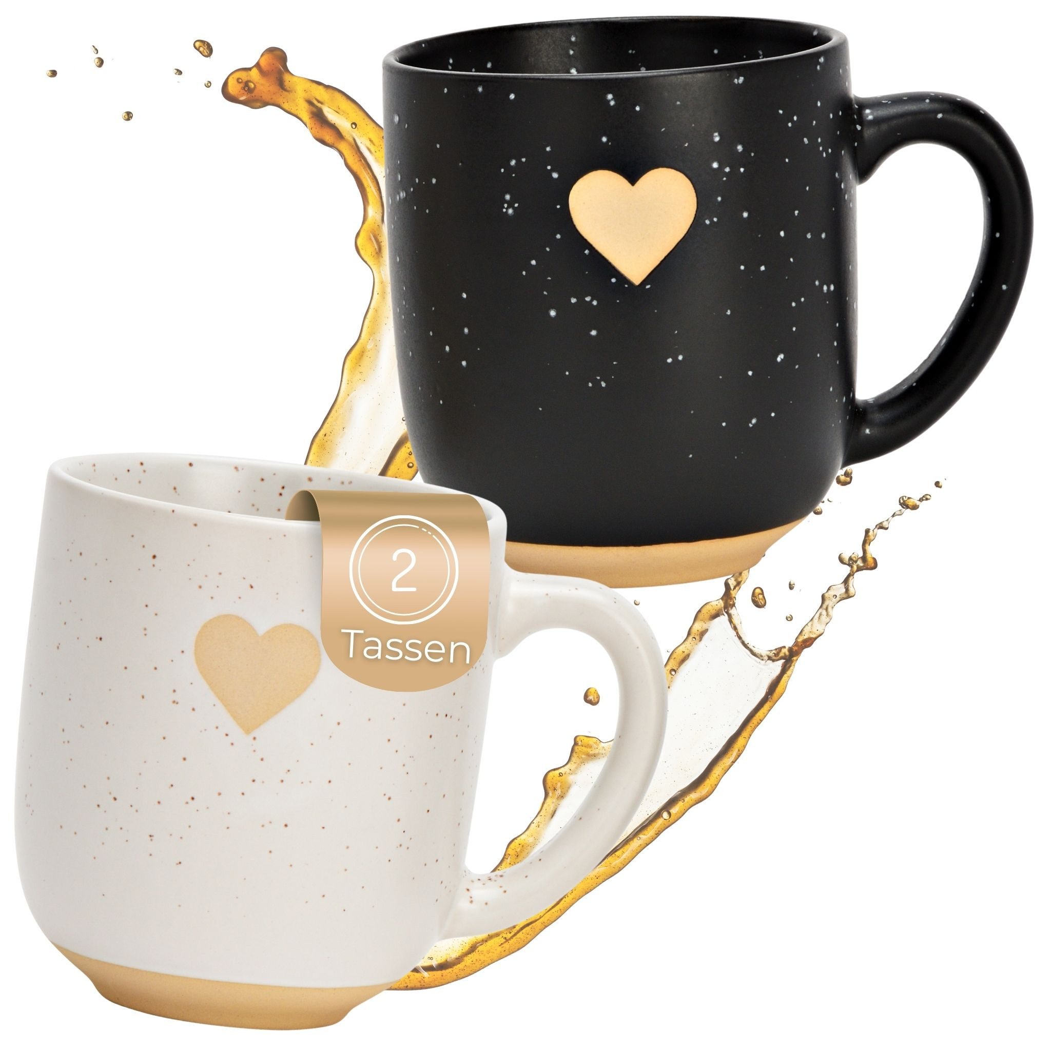 matches21 HOME & HOBBY Tasse Kaffeetassen 2er Set in Schwarz & Weiß mit Goldherz, 2-tlg., Keramik, Steingut-Tassen im Landhausstil 300 ml