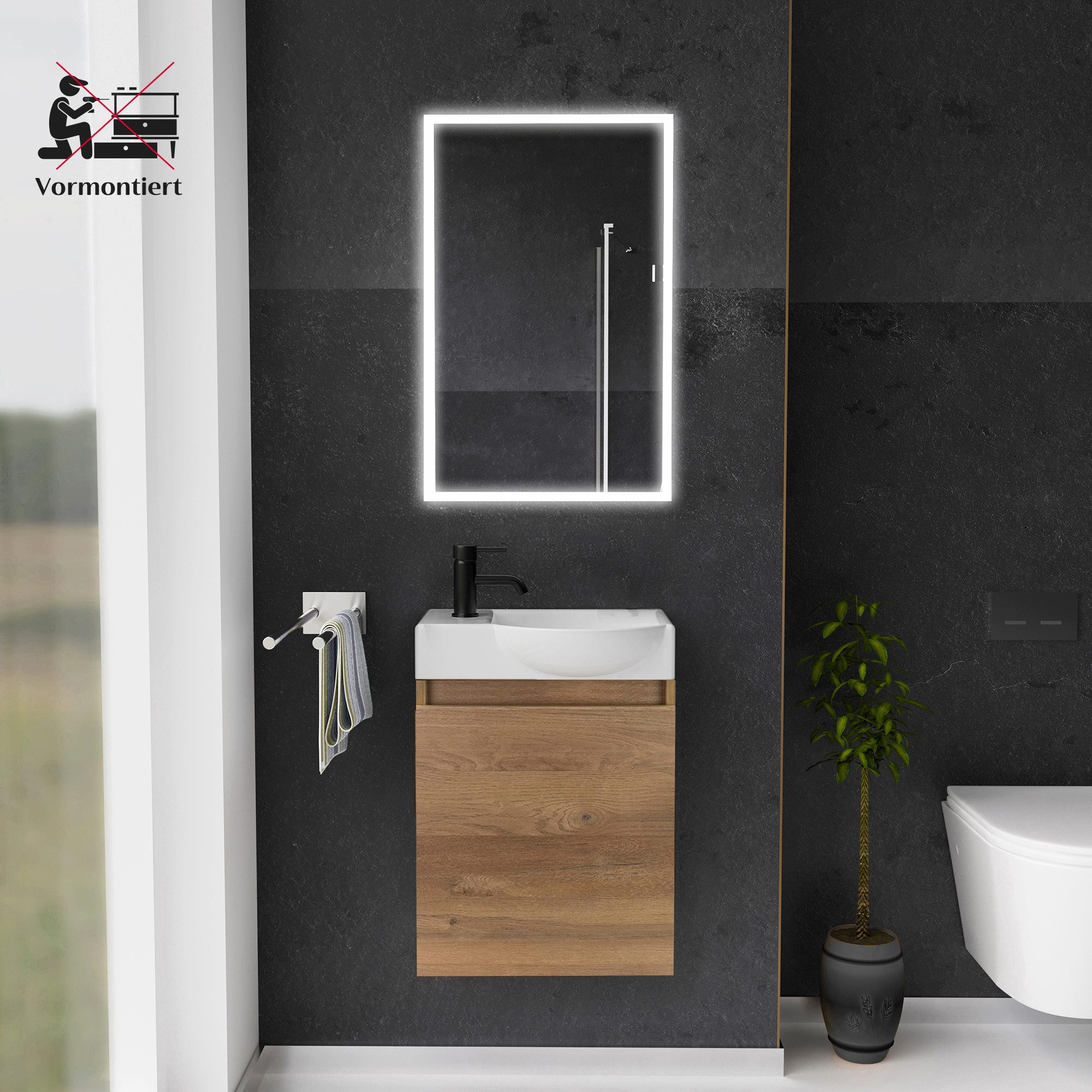 Alpenberger Badmöbel-Set Badschrank in Bamboo Optik mit Keramik Waschbecken günstig online kaufen