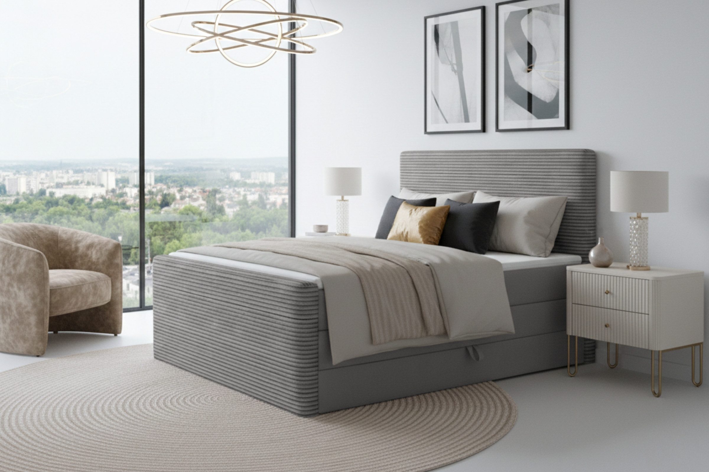 Deine Möbel 24 Boxspringbett OLA Echtes Boxspringbett Polsterbett Komplettbett inkl. Topper (Set Velours Cord-Stoff PREMIUM, 4-St., 2 Bonellfederkernmatratzen H3 + 1 Taschenfederkenmatratze H3), 140x200 160x200 180x200 180x200 200x200 inkl. Bettkasten
