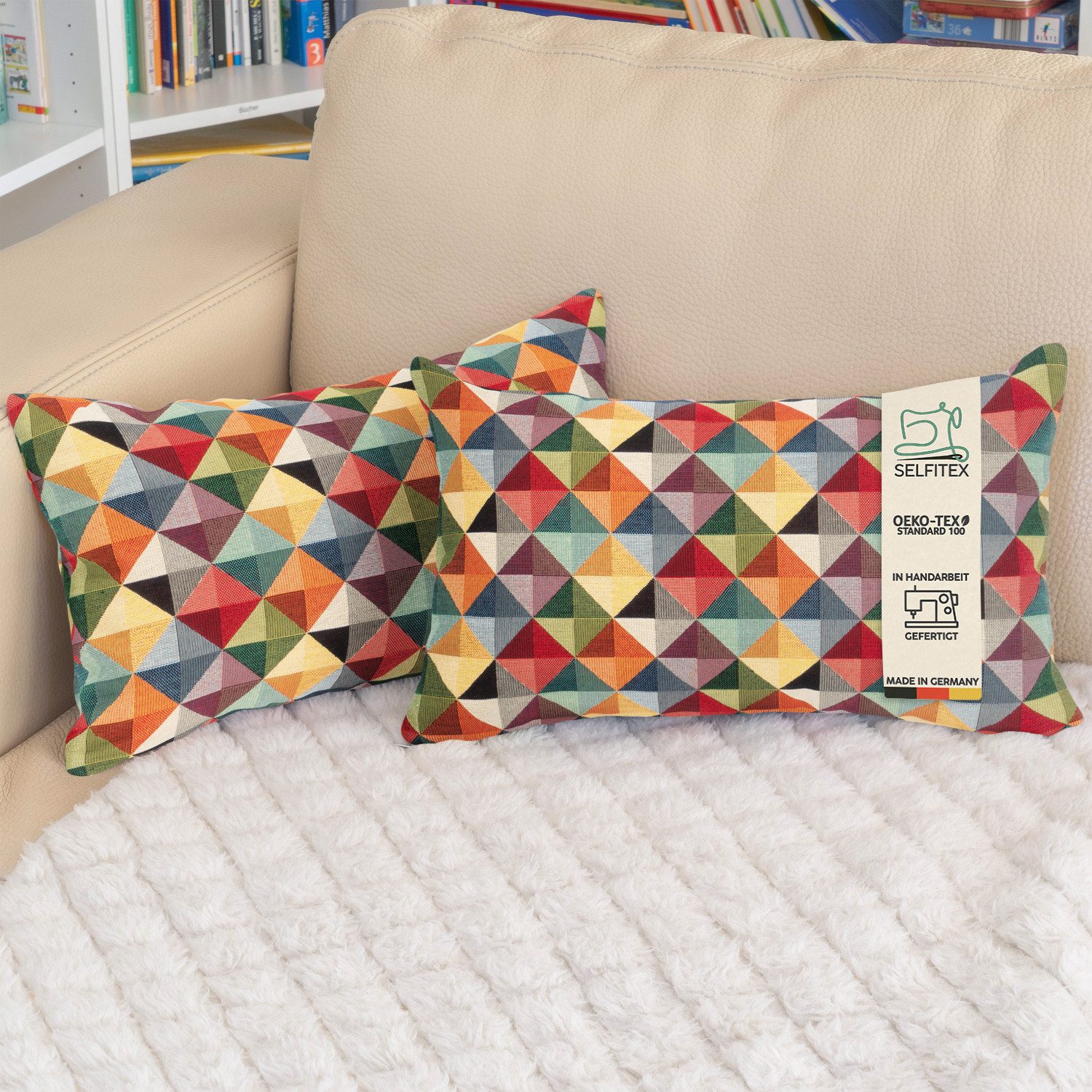 Selfitex Dekokissen mit buntem Muster im 2er Set, 30x50/40x40/50x50 inkl. Füllkissen, hochwertig gewebter Gobelin Kissenbezug mit weichem Füllkissen