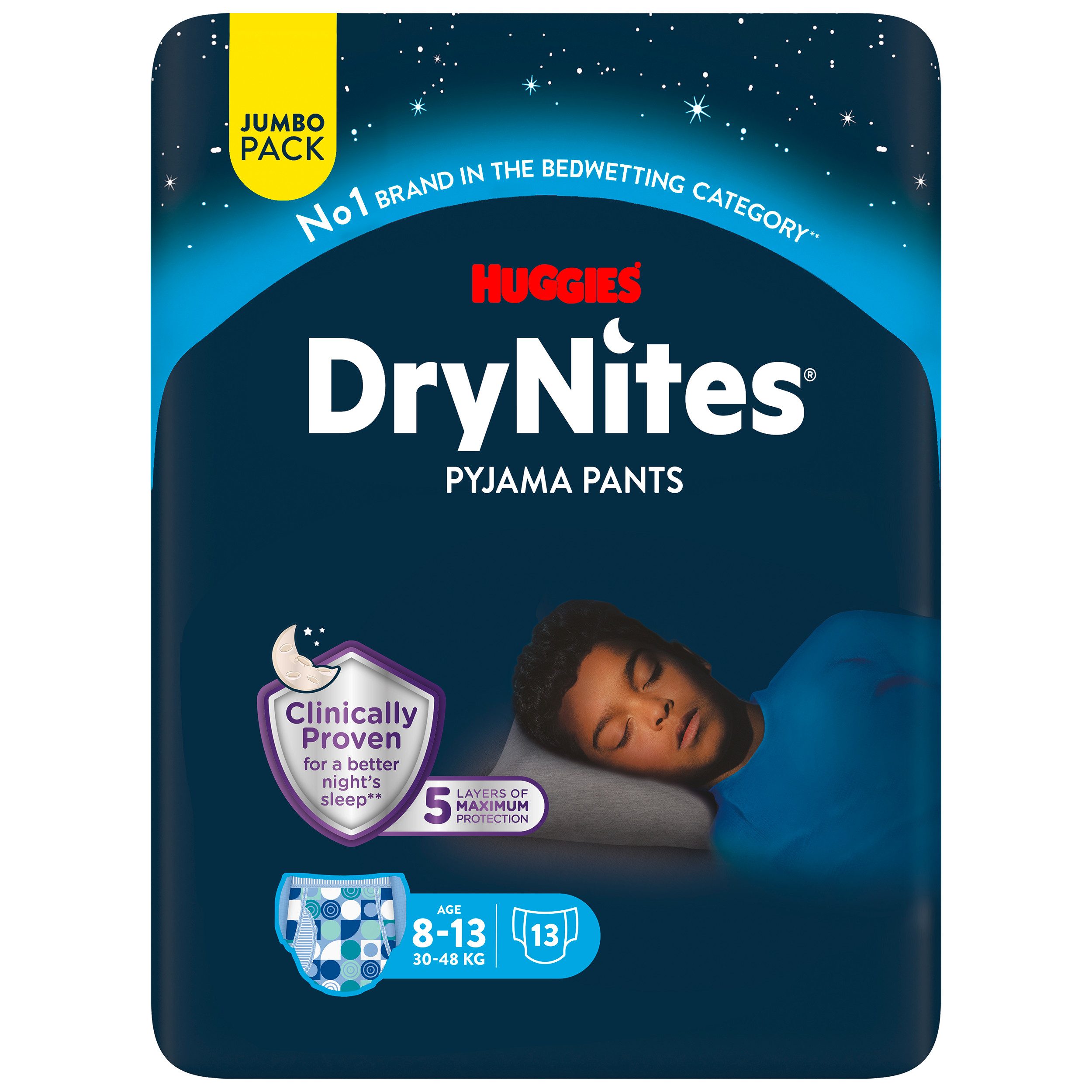 HUGGIES Windeln DryNites Nacht Windeln Jungen 8-13 J. (30-48 kg) 52 Stk (Vorratspack, 52 Windeln), Windelhose