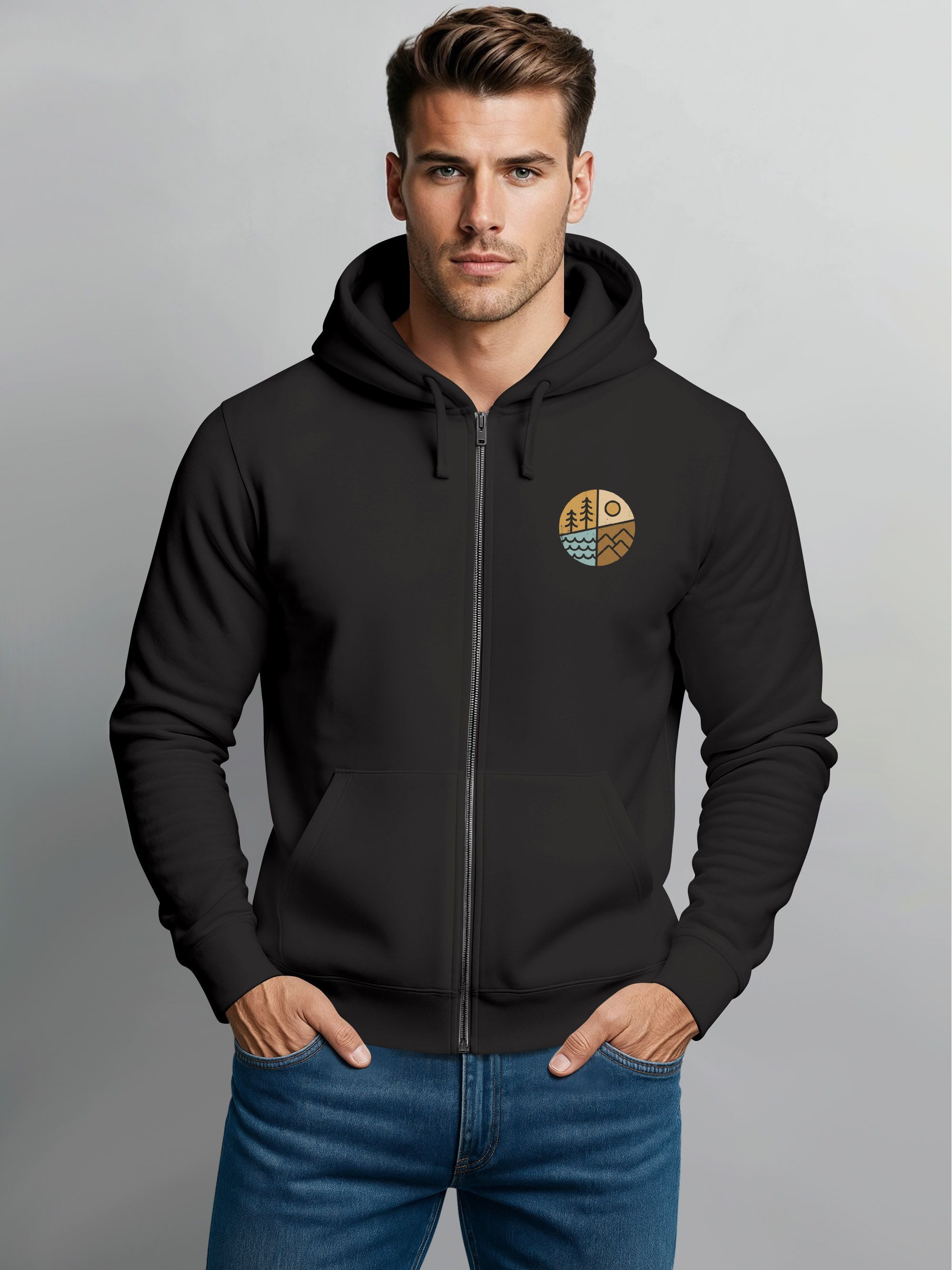 Neverless Sweatjacke Herren Sweatjacke Outdoor Backprint Retro Logo Abstrakt Zipjacke